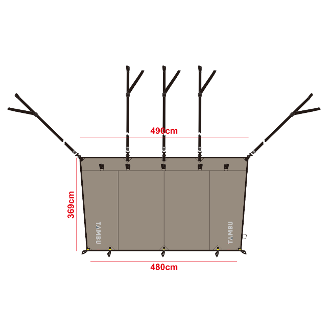 Grundriss des YANO Sonnensegels für Dachzelt von Tambu Outdoor mit Maßen 490 cm Breite, 369 cm Tiefe und 480 cm Länge, inklusive Befestigungspunkten und Stangen