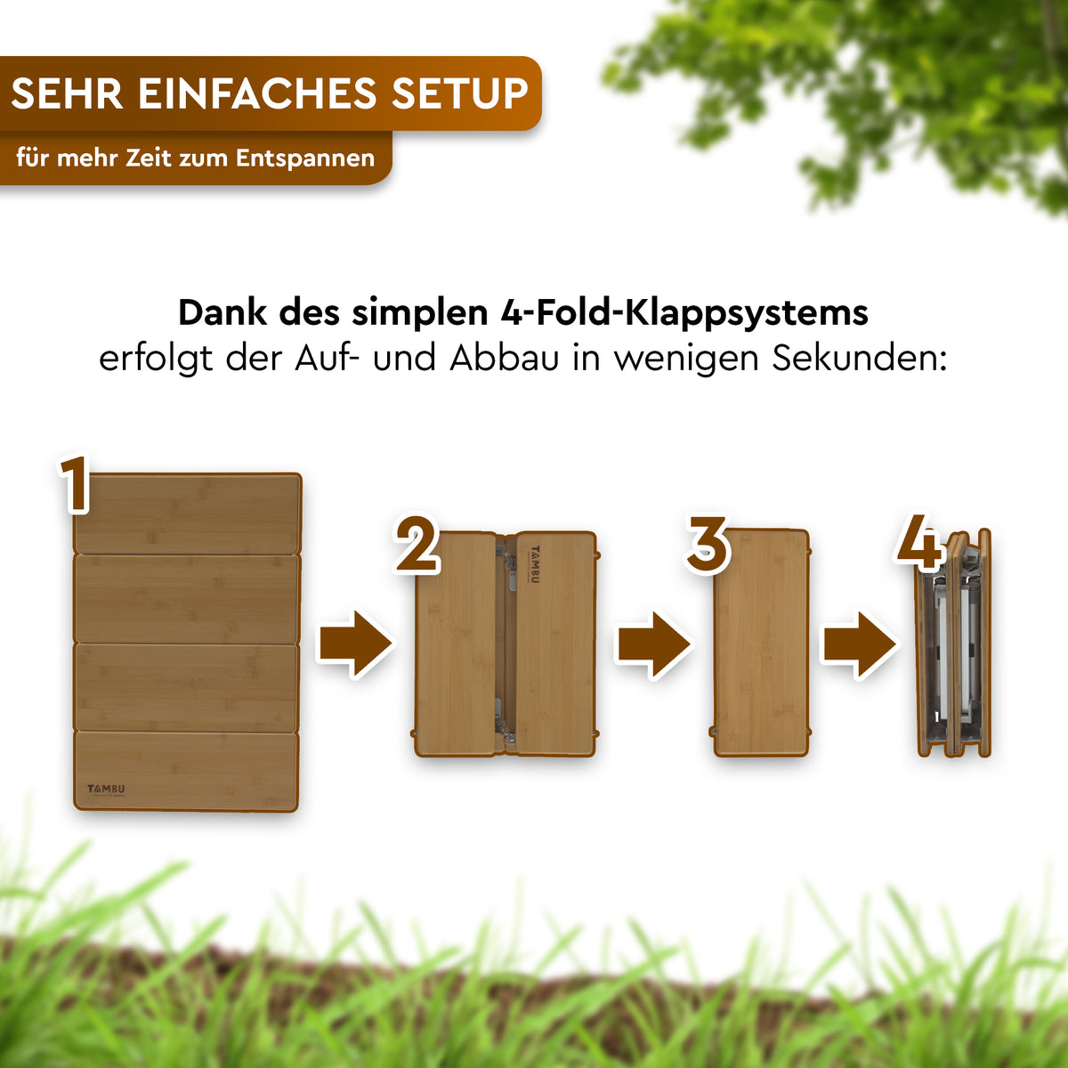 Kompakter brauner Bambus-Beistelltisch, der sich mit einem 4-Falt-Klappsystem platzsparend zusammenlegen lässt. - TEBO | Kompakter Bambus-Beistelltisch für Camping & Vanlife - Tambu Outdoor