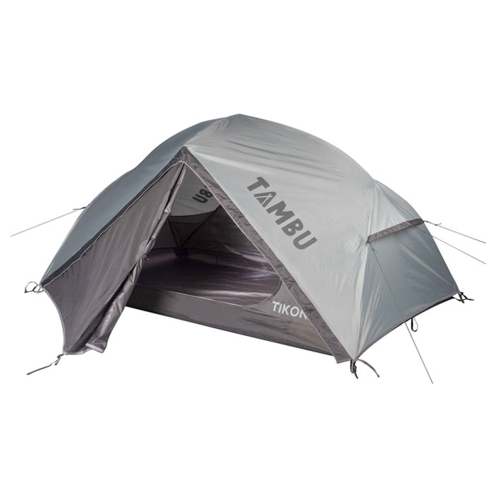 TIKONA 2-Personen Trekking Kuppelzelt von Tambu Outdoor in Grau mit offenem Eingang und sichtbarem Innenraum