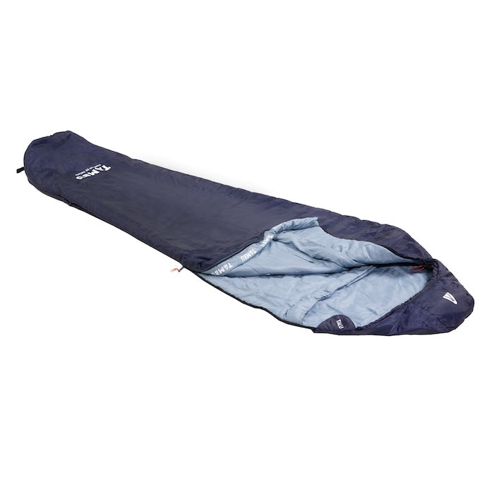 TALU Mumienschlafsack 1500 von Tambu Outdoor in dunkelblau mit hellblauer Innenausstattung, geöffnet liegend