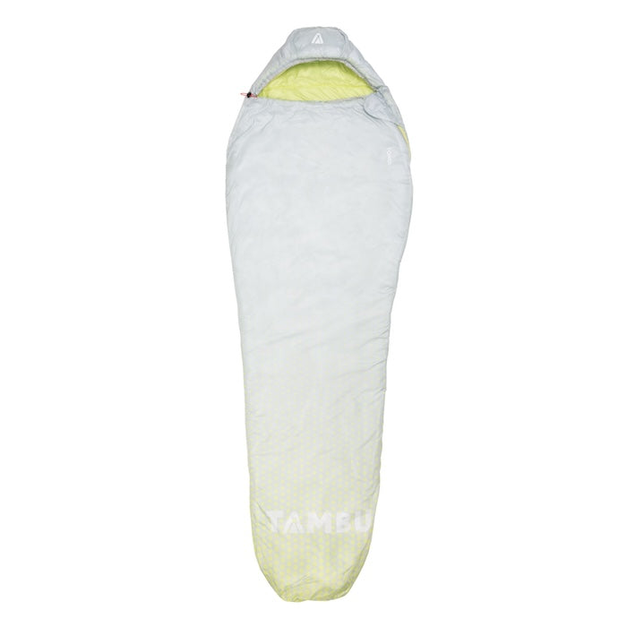 TONGI Mumienschlafsack 750 M oder XL von Tambu Outdoor in hellgrau mit gelbem Innenfutter und Kapuze, länglich und schmal zulaufend