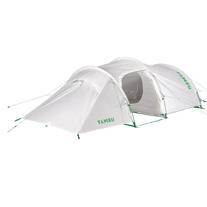 Weißes TUSARA 3-Personen Trekking-Tunnelzelt von Tambu Outdoor mit zwei Eingängen und grünen Abspannleinen