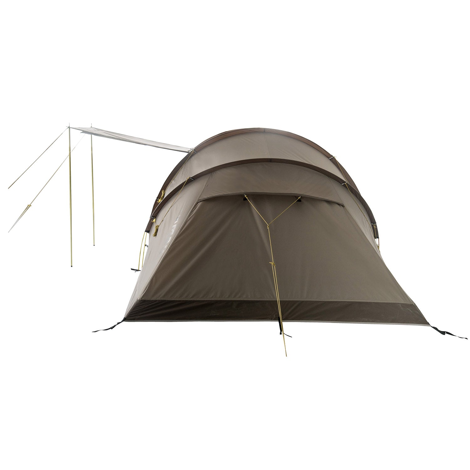 AGNIKUNDA 4-Personen Trekking Vis-à-Vis Zelt von Tambu Outdoor in braun mit aufgespanntem Vordach