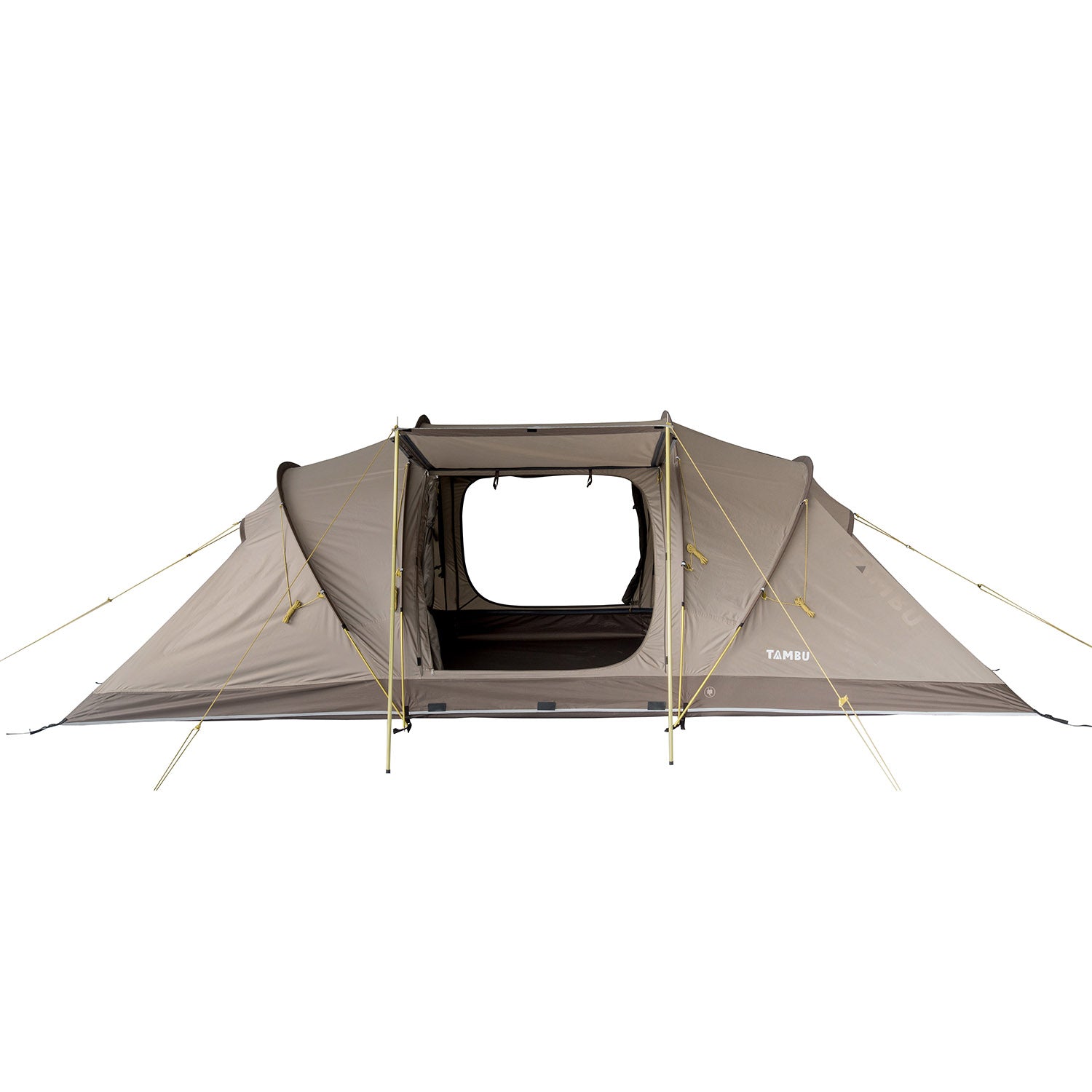 Braunes 4-Personen Trekkingzelt Agnikunda von Tambu Outdoor mit vis-à-vis Eingang und Abspannleinen
