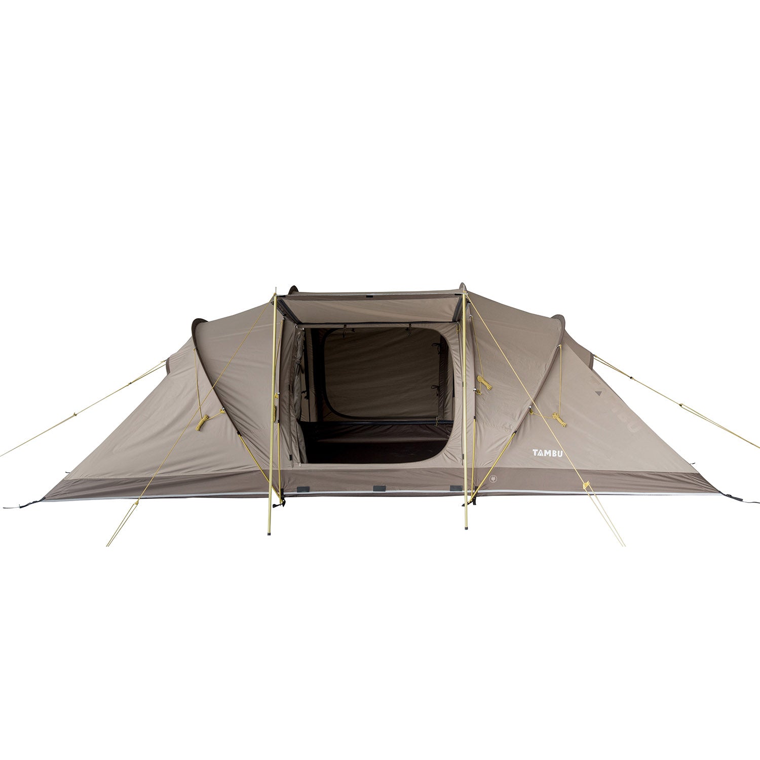 Braunes 4-Personen Trekkingzelt Agnikunda von Tambu Outdoor mit vis-à-vis Eingang und Abspannleinen
