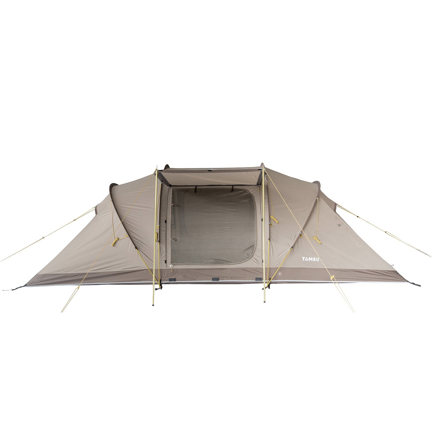 Braunes 4-Personen Trekkingzelt Agnikunda von Tambu Outdoor mit vis-à-vis Eingang und Abspannleinen