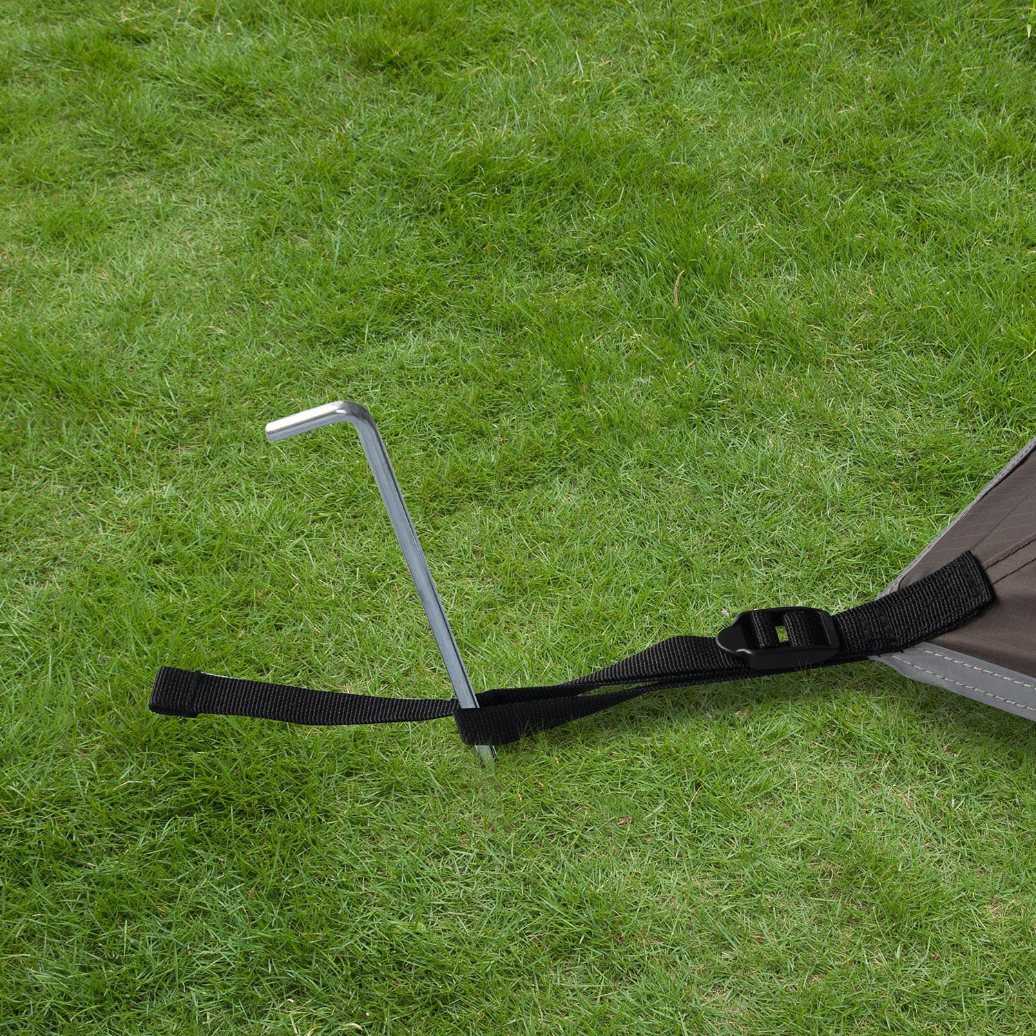 Metallhering mit schwarzem Spannriemen und Schnalle, befestigt an einem Zelt auf grünem Gras