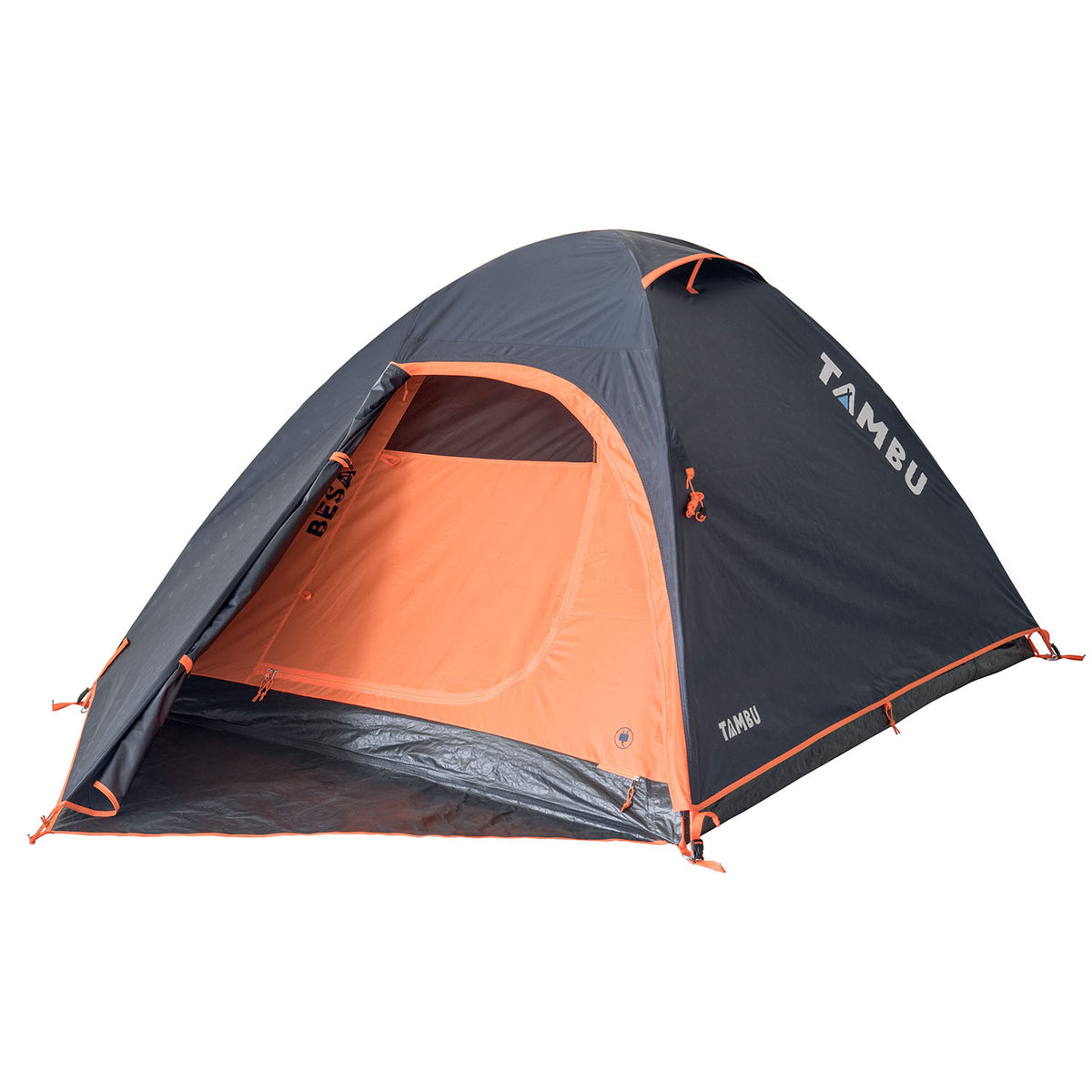 BESA 3-Personen Kuppelzelt von Tambu Outdoor in dunkelblau mit orangefarbenem Innenzelt und geöffnetem Eingang