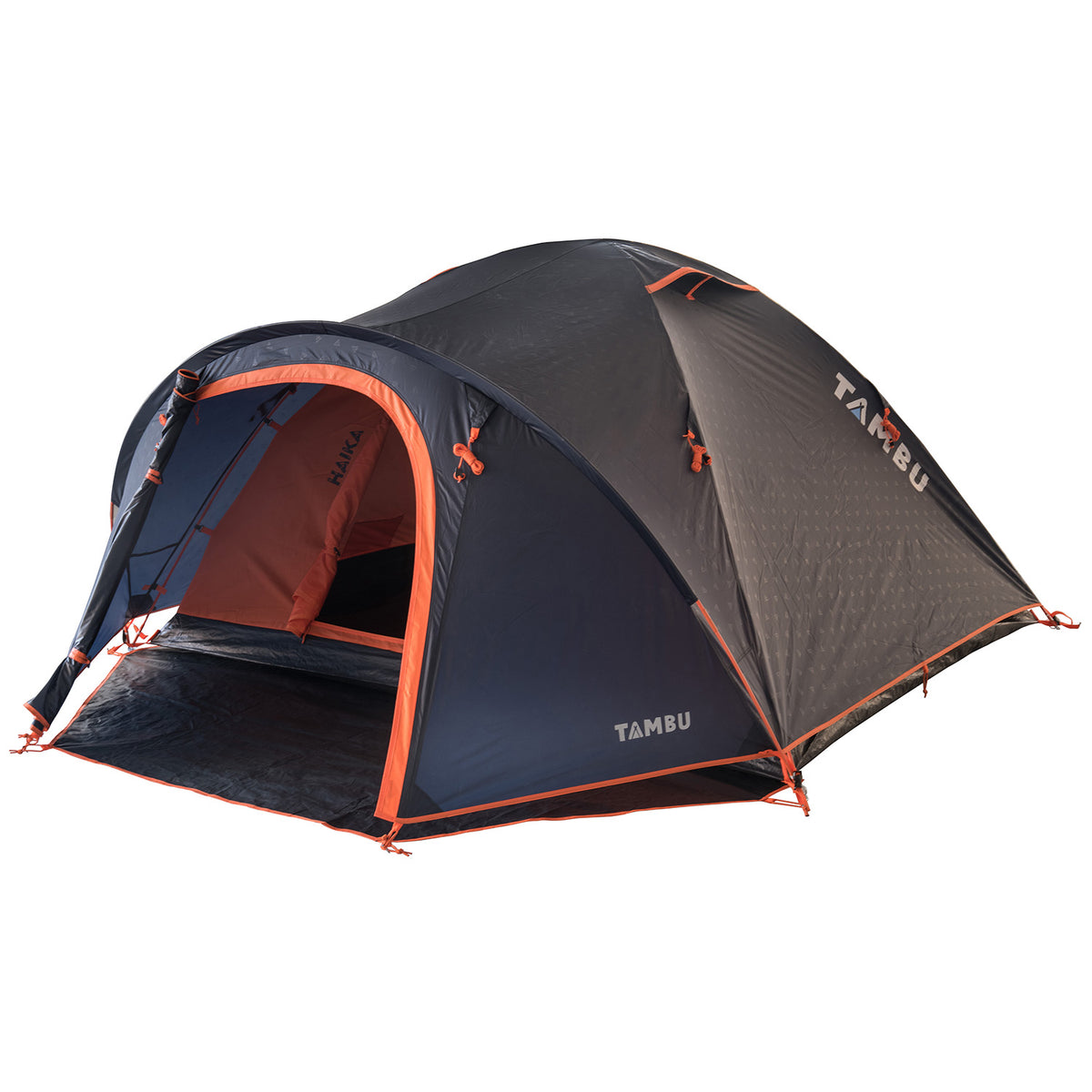 HAIKA 4-Personen Kuppelzelt von Tambu Outdoor in Dunkelblau mit orangefarbenen Akzenten und aufgespanntem Eingang
