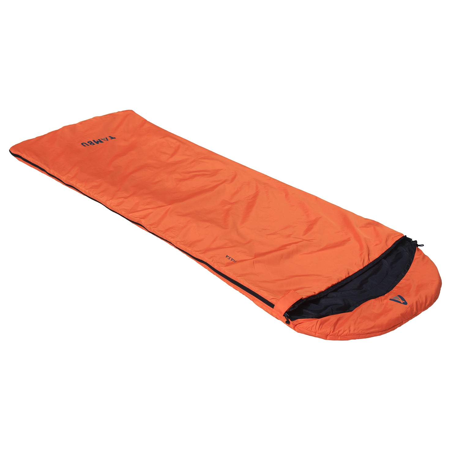 Oranger Deckenschlafsack HASA 950 von Tambu Outdoor mit schwarzem Innenfutter und Reißverschluss an der Seite