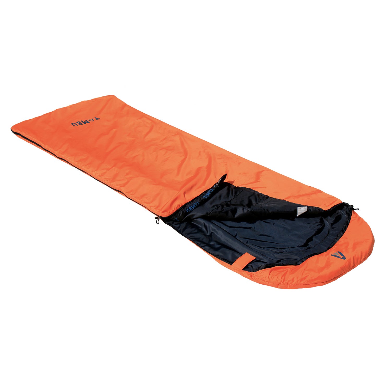 HASA 950 Deckenschlafsack von Tambu Outdoor in Orange mit schwarzer Innenseite, geöffnet und flach liegend
