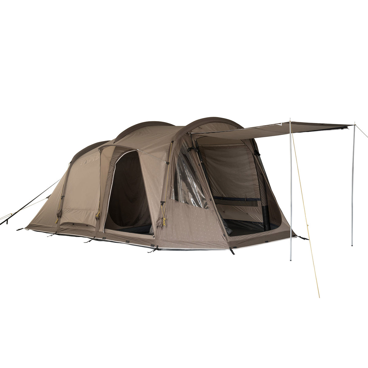 HUSIR 4-Personen Familien Tunnelzelt Air in Braun von Tambu Outdoor mit aufgespanntem Vordach und geöffnetem Eingang