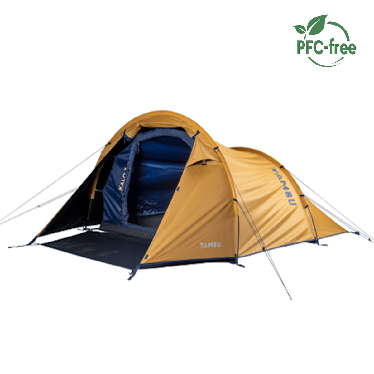 Gelbes KALO 3 Trekking Tunnelzelt von Tambu Outdoor für 3 Personen mit offenem Eingang und blauer Innenzelt, PFC-frei