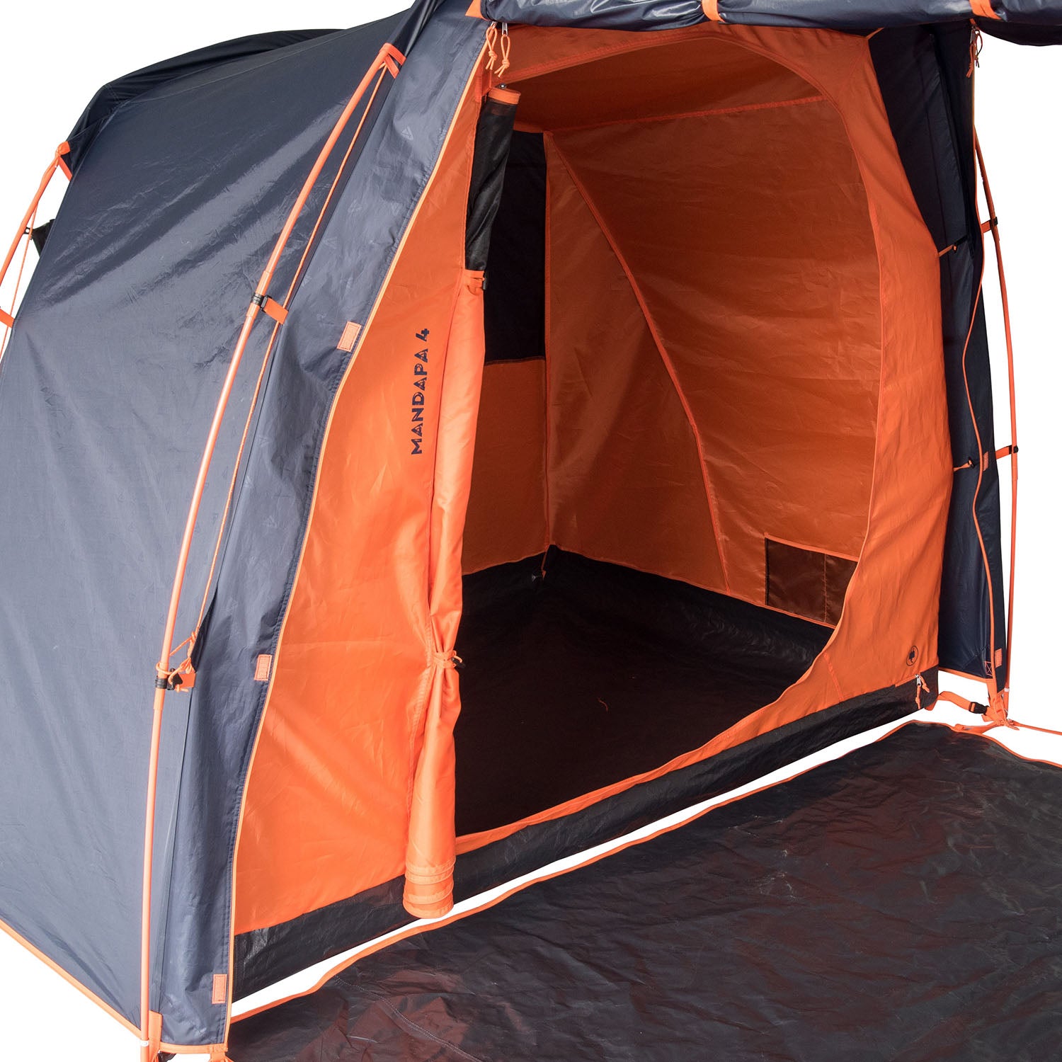 Mandapa 4 Familienzelt von Tambu Outdoor, blau und orange, für 4 Personen, mit offenem Eingang und Innenraum sichtbar