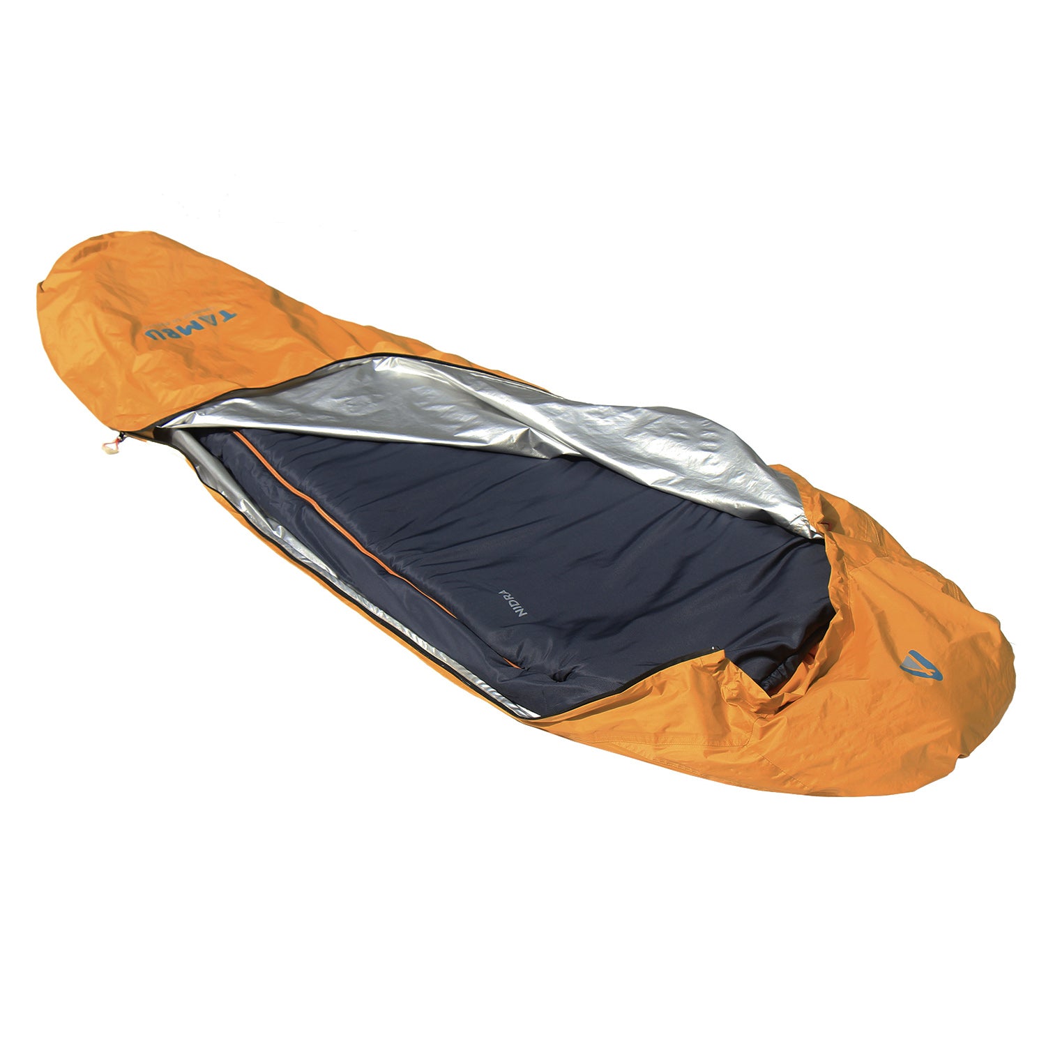 MARI Biwacksack 350 von Tambu Outdoor, gelber Biwacksack mit silberner Innenbeschichtung und sichtbaren dunkelblauem Schlafsack darin, teilweise geöffnet