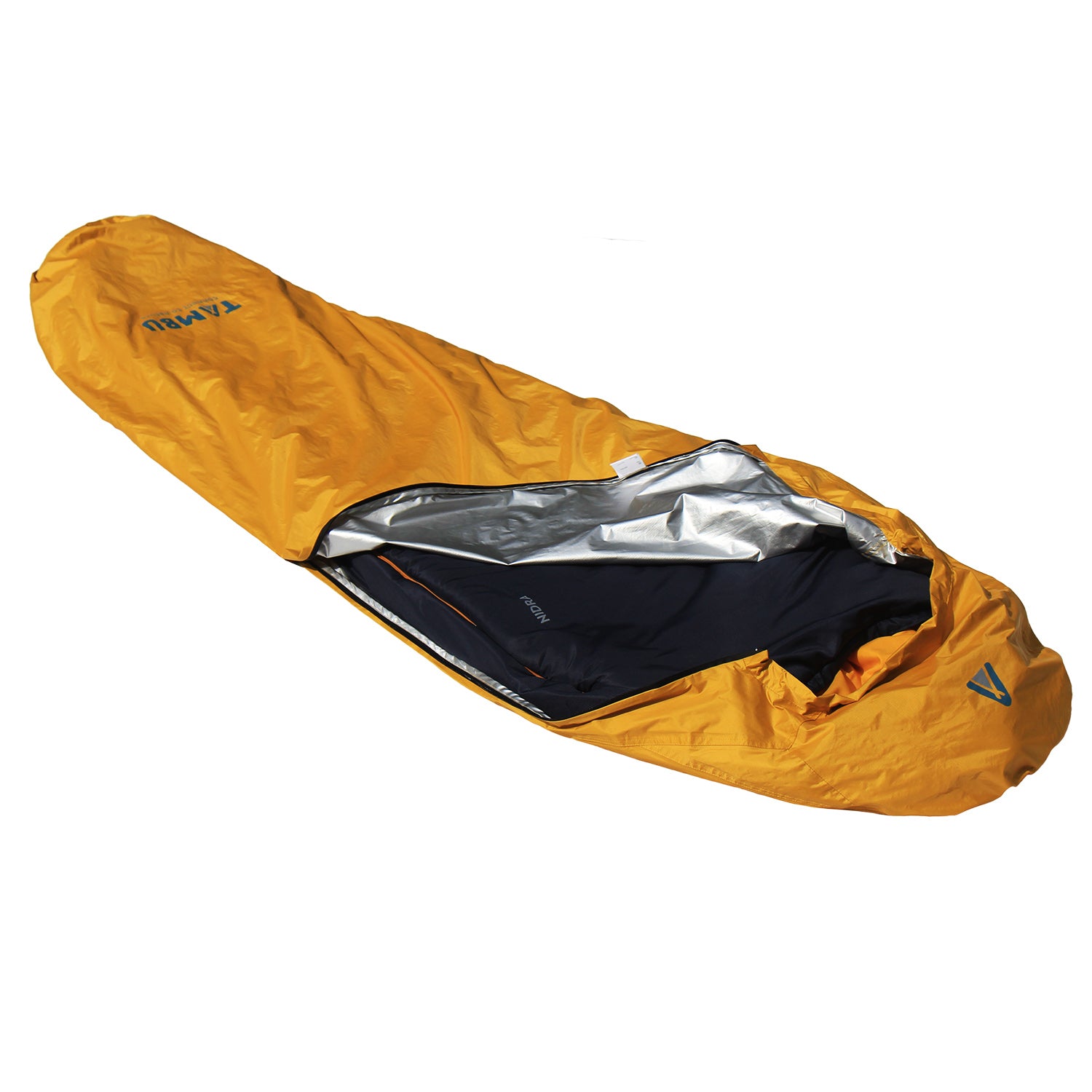 MARI Biwacksack 350 von Tambu Outdoor, gelber Biwacksack mit silberner Innenbeschichtung und sichtbaren dunkelblauem Schlafsack darin, teilweise geöffnet