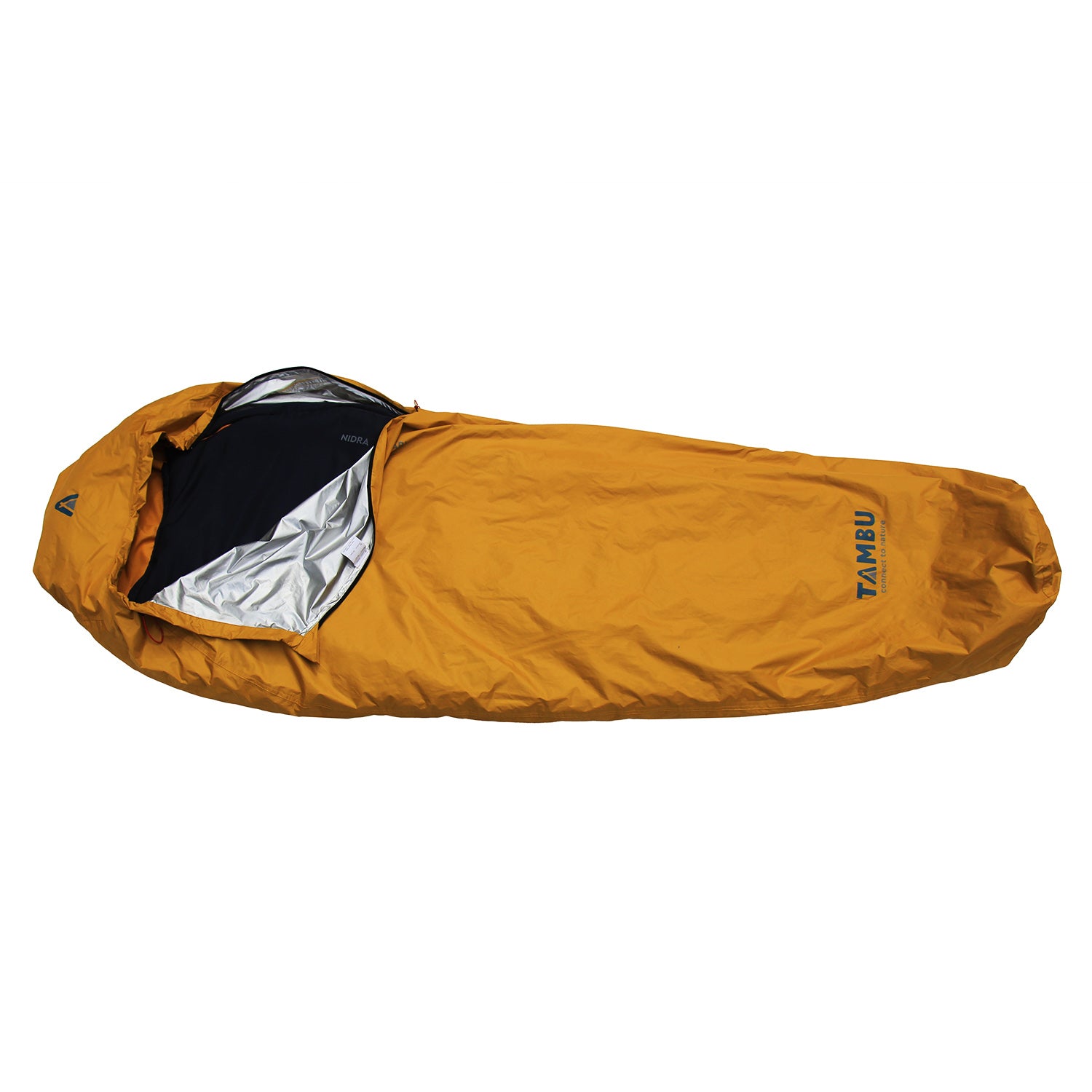 MARI Biwacksack 350 von Tambu Outdoor, gelber Biwacksack mit silberner Innenbeschichtung und sichtbaren dunkelblauem Schlafsack darin, teilweise geöffnet