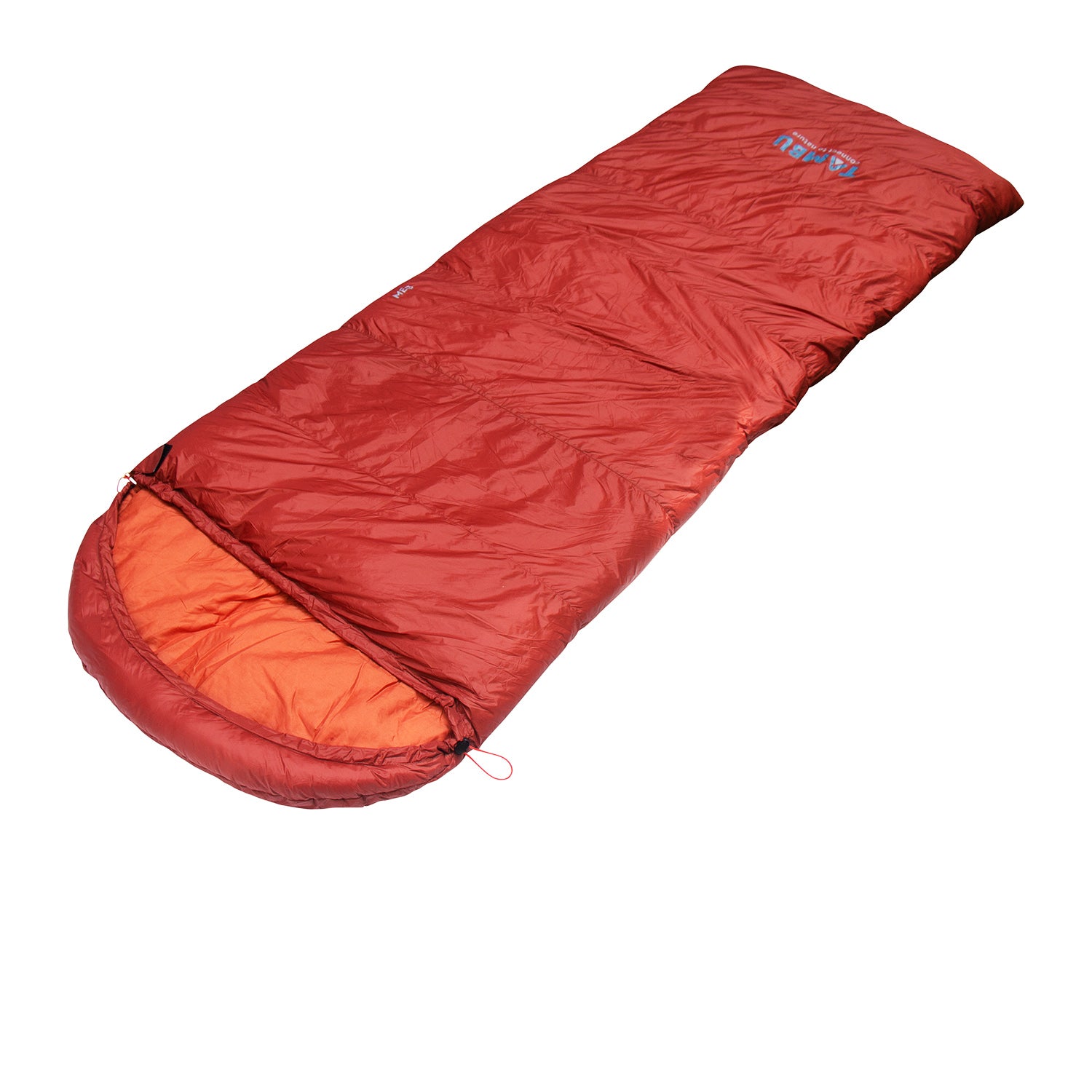 Roter Deckenschlafsack MEG 1600 von Tambu Outdoor mit orangefarbenem Innenfutter, rechteckige Form mit abgerundetem Kopfteil