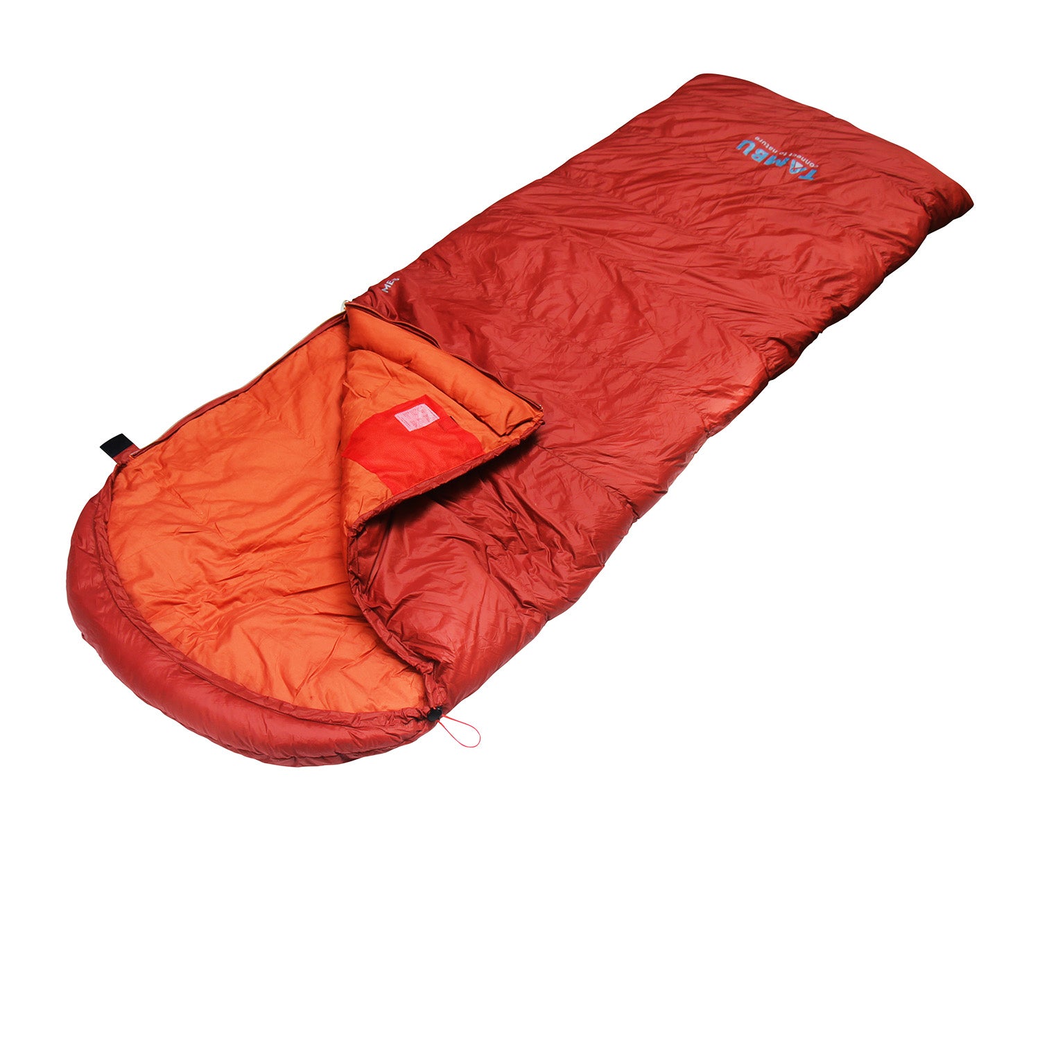 Roter Deckenschlafsack MEG 1600 von Tambu Outdoor mit orangefarbenem Innenfutter, rechteckige Form mit abgerundetem Kopfteil, teilweise geöffnet