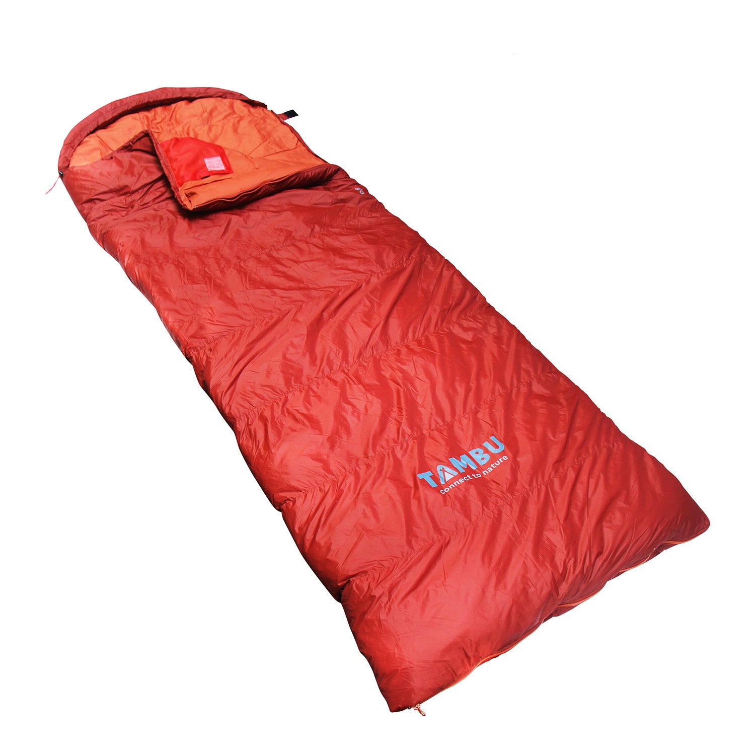 Roter Deckenschlafsack MEG 1600 von Tambu Outdoor mit orangefarbenem Innenfutter, rechteckige Form mit abgerundetem Kopfteil, teilweise geöffnet