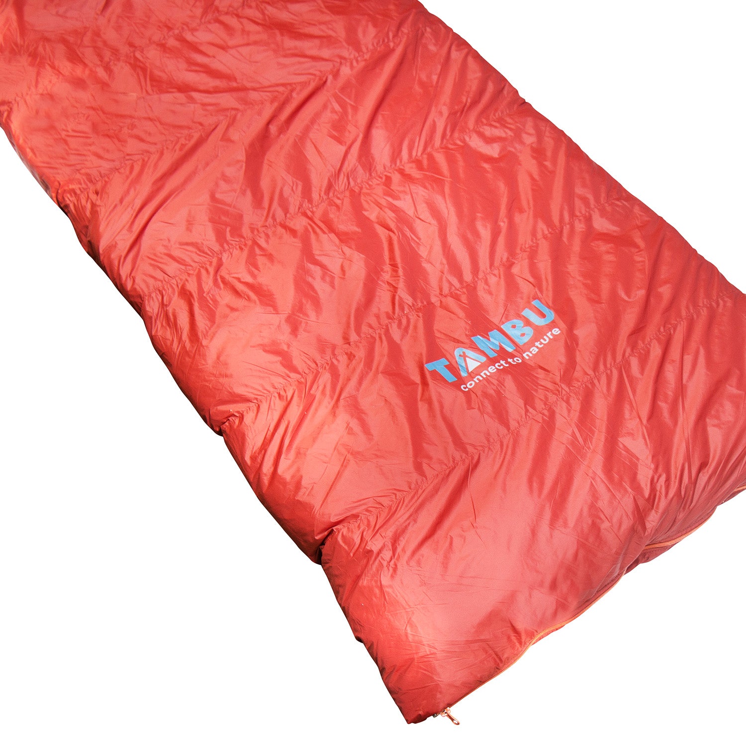 Roter Deckenschlafsack MEG 1600 von Tambu Outdoor mit blauem Logo und Slogan 'connect to nature'