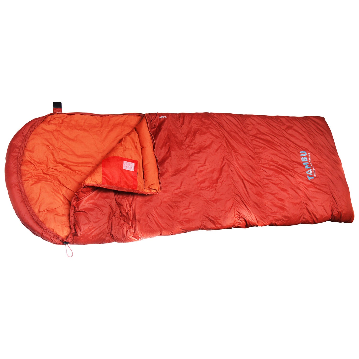 Roter Deckenschlafsack MEG 1600 von Tambu Outdoor mit orangefarbenem Innenfutter, rechteckige Form mit abgerundetem Kopfteil, teilweise geöffnet