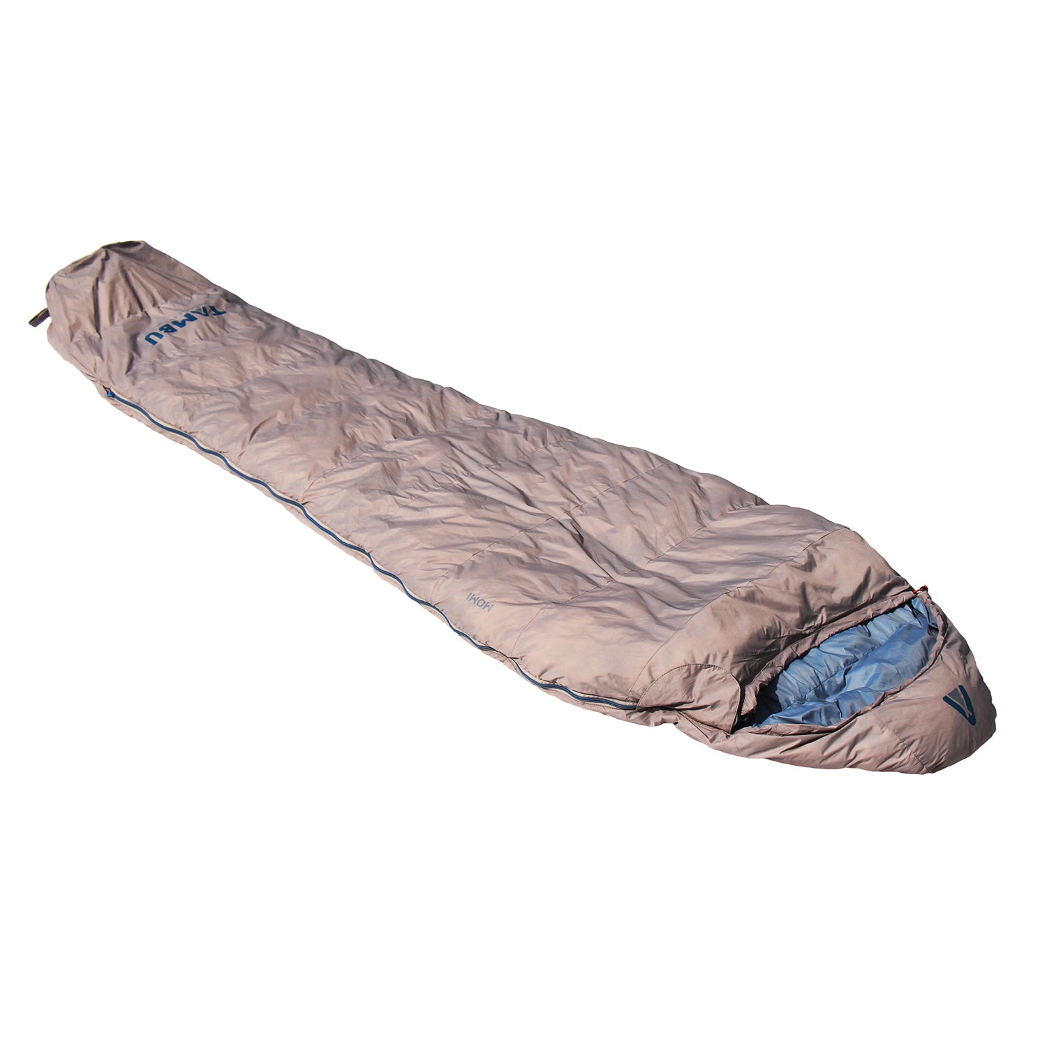 MOMI Mumienschlafsack 950 von Tambu Outdoor in grauer Farbe mit blauem Innenfutter und Kapuze, länglich geformt