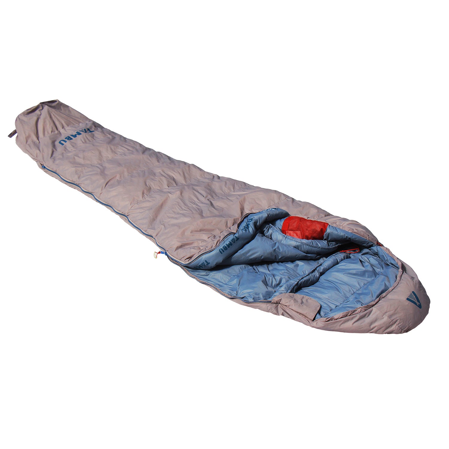 MOMI Mumienschlafsack 950 von Tambu Outdoor in Grau mit blauem Innenfutter und rotem Akzent, geöffnet und flach liegend