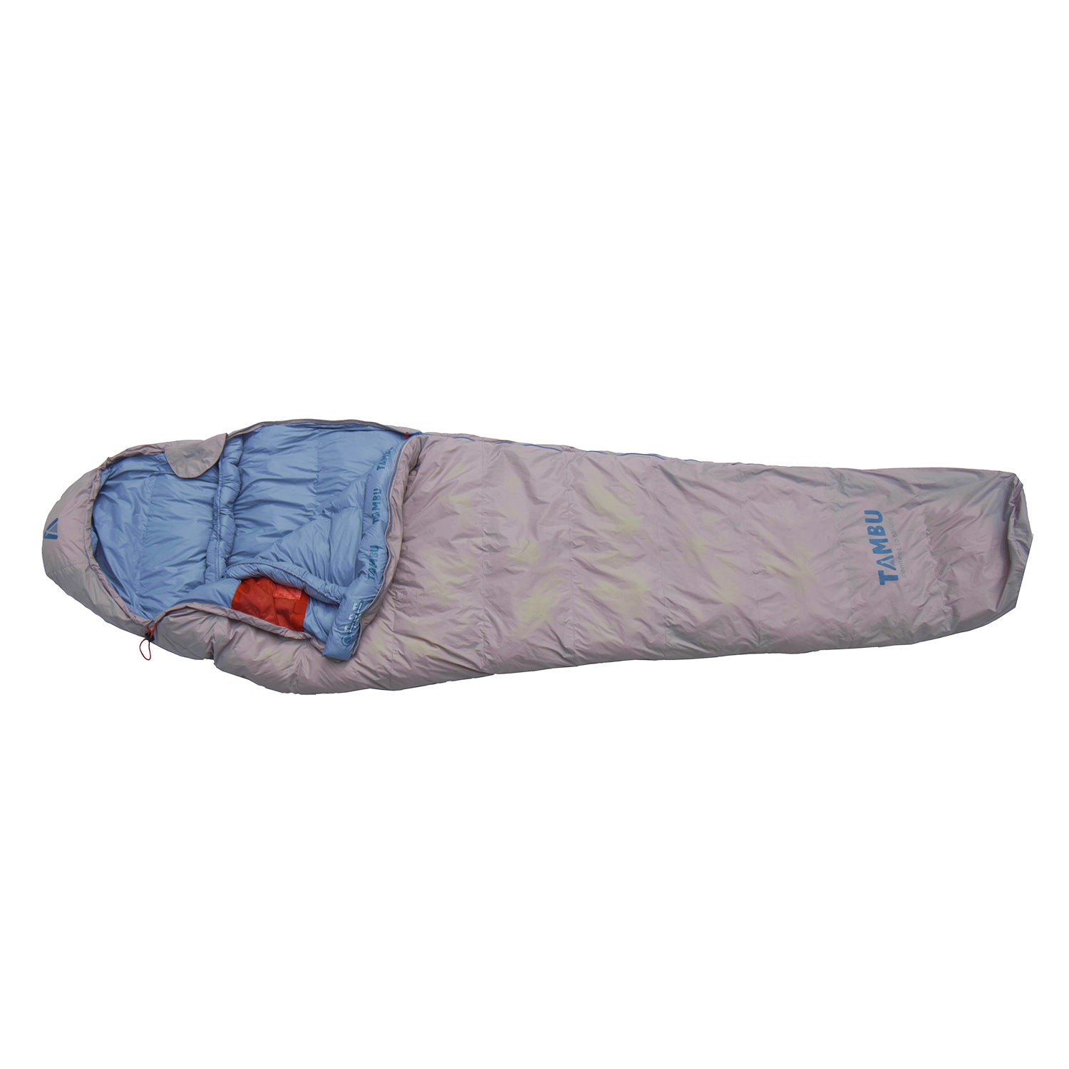 MOMI Mumienschlafsack 950 von Tambu Outdoor in Grau mit blauem Innenfutter und rotem Akzent, geöffnet und flach liegend
