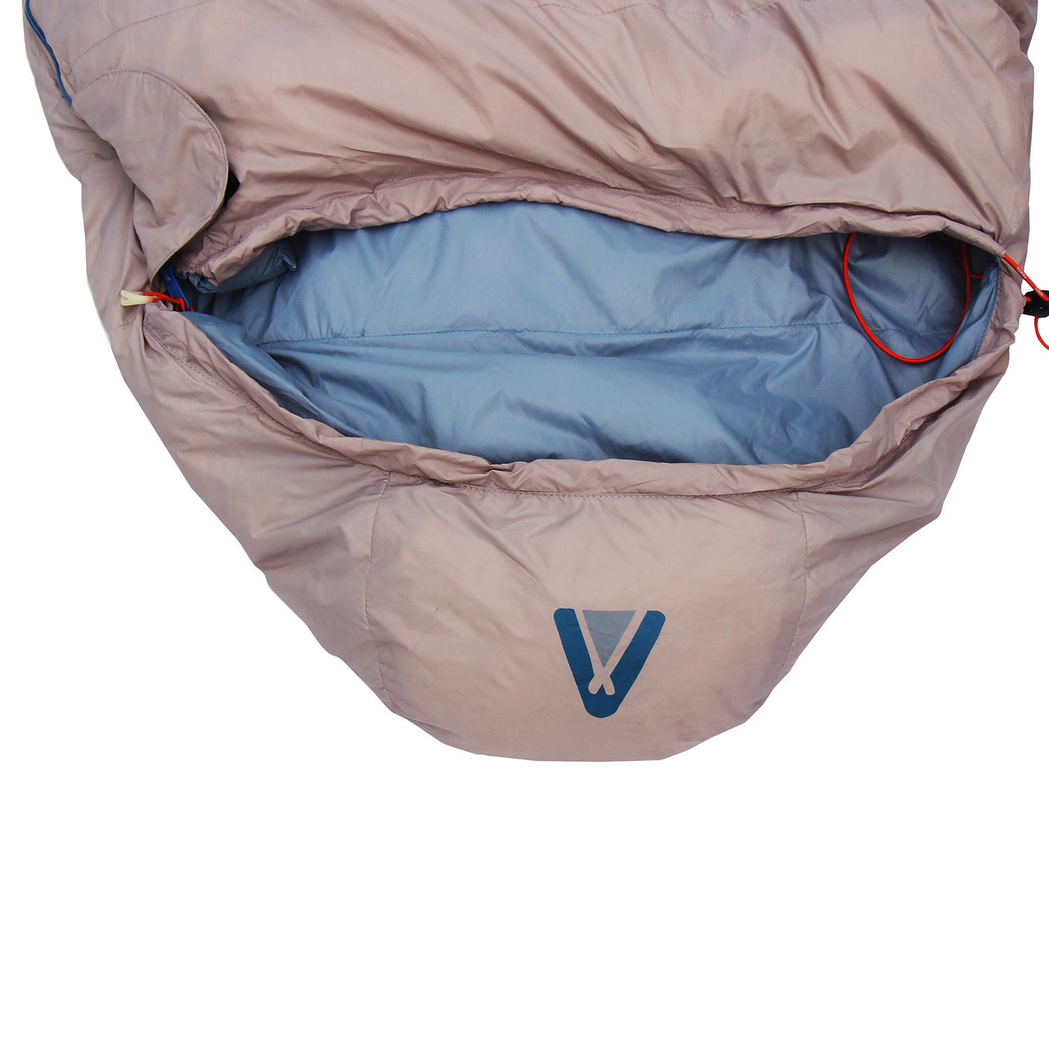 MOMI Mumienschlafsack 950 von Tambu Outdoor in Grau mit blauem Innenfutter, geöffnet und von oben sichtbar