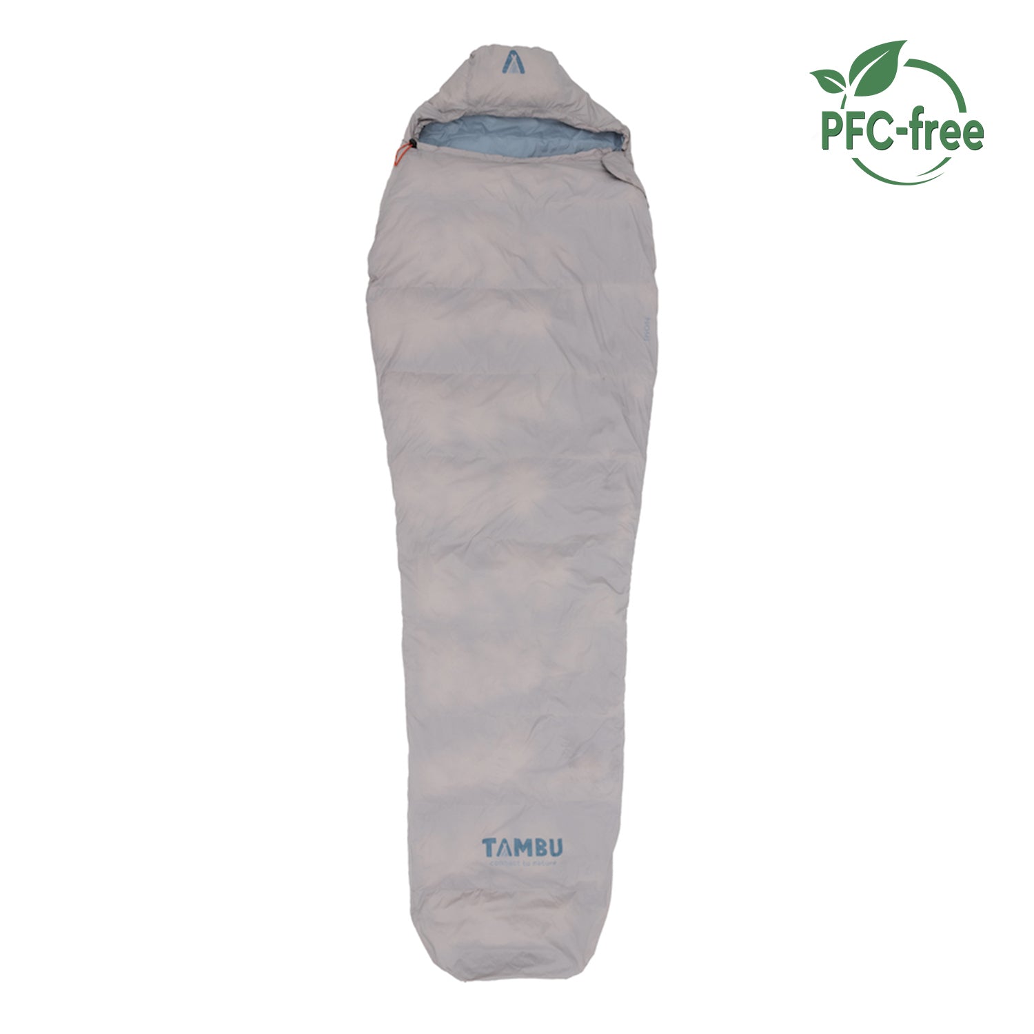 Hellgrauer Mumienschlafsack 'MOMI 950' von Tambu Outdoor mit Kapuze und blauem Innenfutter, PFC-frei Logo oben rechts