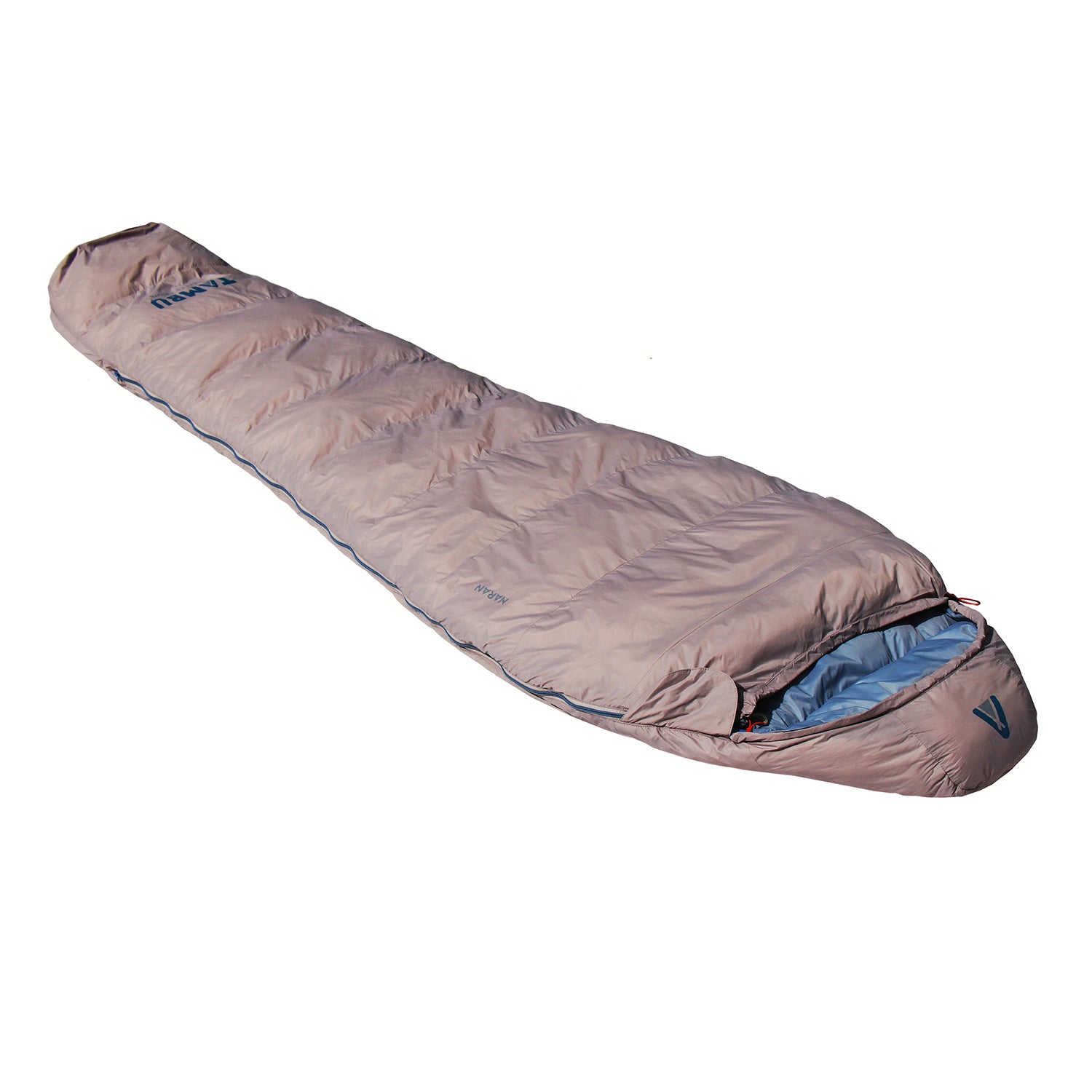 NARAM Mumienschlafsack 1500 von Tambu Outdoor in Grau mit blauem Innenfutter, geöffnet, isolierend und für Outdoor geeignet