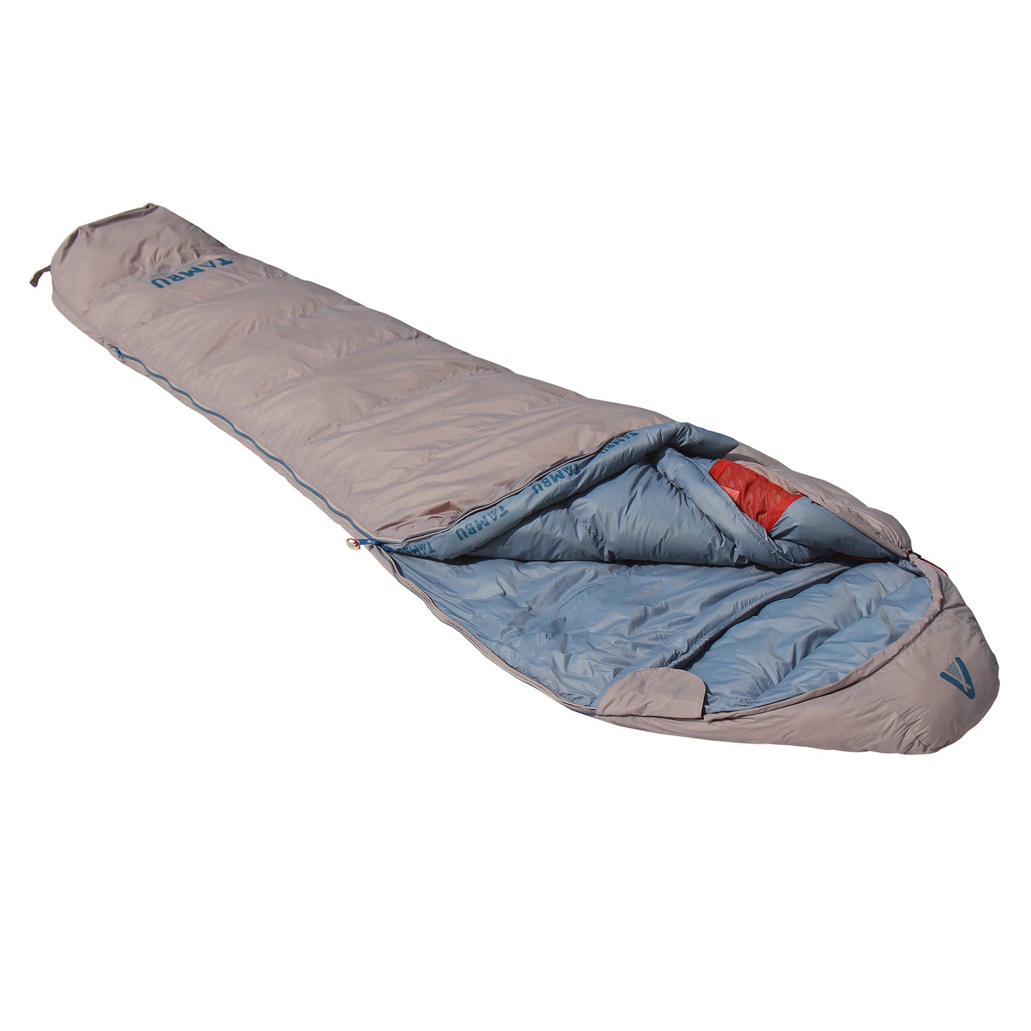 NARAM Mumienschlafsack 1500 von Tambu Outdoor in Grau mit hellblauem Innenfutter und rotem Akzent, geöffnet dargestellt