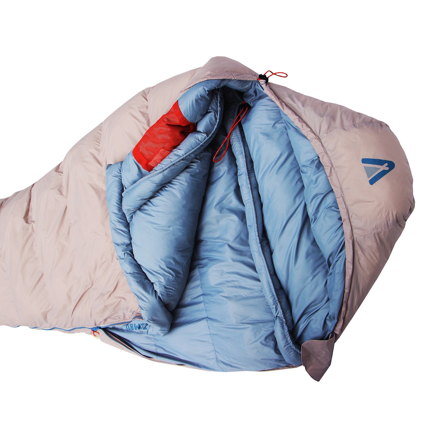 NARAM Mumienschlafsack 1500 von Tambu Outdoor in Grau außen und Hellblau innen, mit rotem Zugband am Kragen und Logo auf der Kapuze