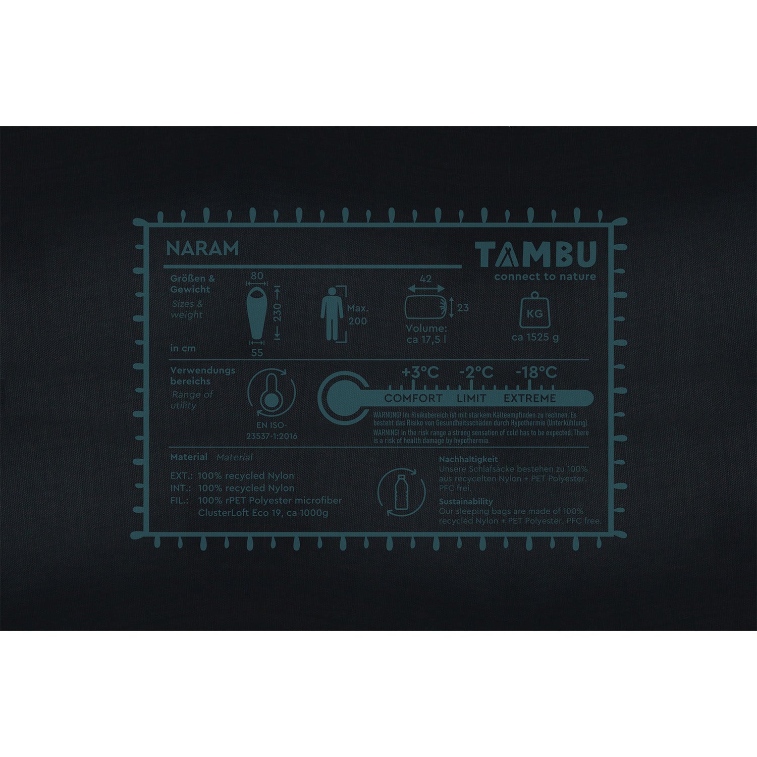 Technische Angaben zum NARAM Mumienschlafsack 1500 von Tambu Outdoor mit Maßen 80x230x55 cm, Gewicht ca. 1525 g, Volumen ca. 17,5 l, Komforttemperatur +3°C, Grenztemperatur -2°C, Extremtemperatur -18°C, Material aus 100% recyceltem Nylon und PET Polyester Microfiber.