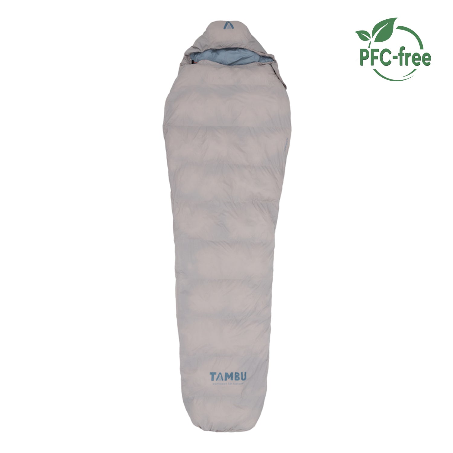 Hellgrauer Mumienschlafsack 1500 von Tambu Outdoor mit Kapuze und blauem Innenfutter, PFC-frei Logo oben rechts