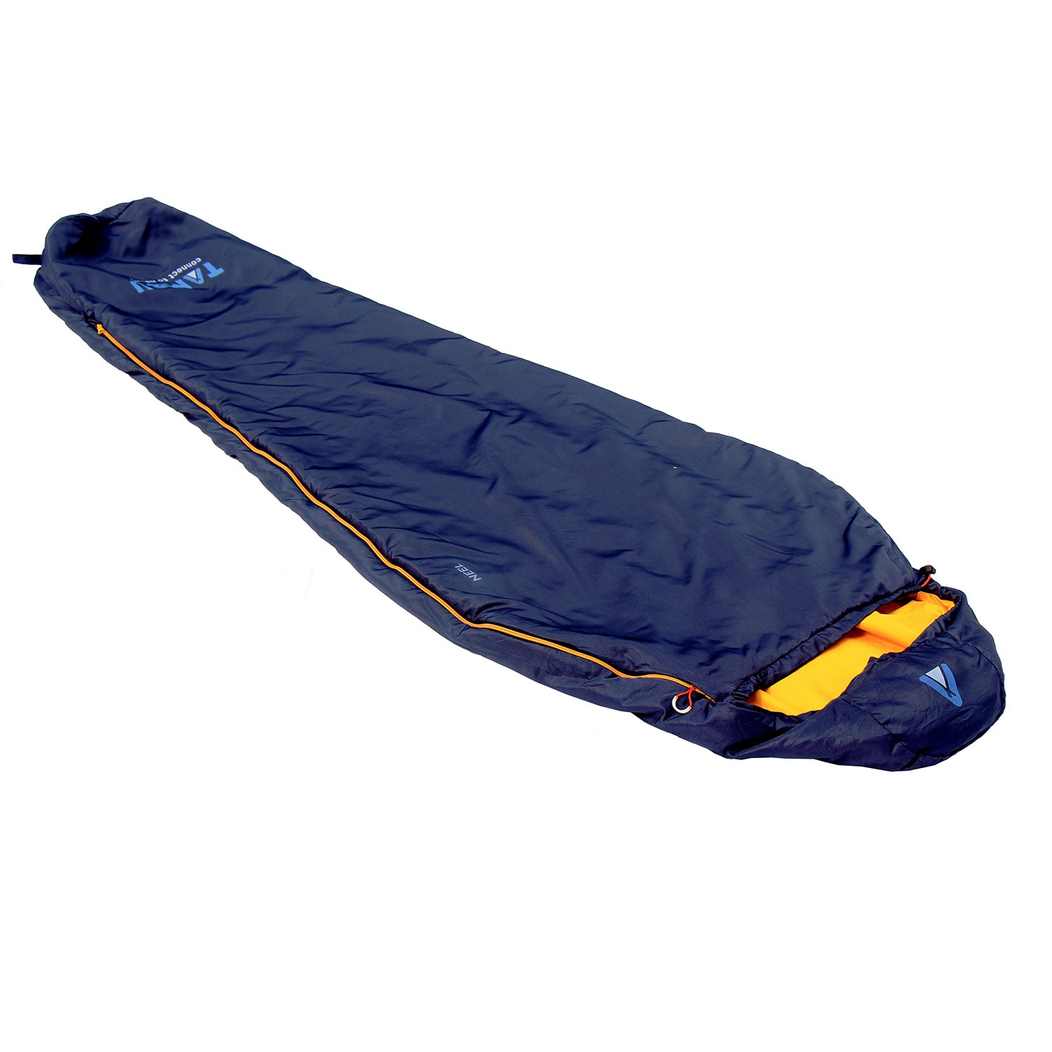 Dunkelblauer Mumienschlafsack NEEL 750 von Tambu Outdoor mit gelbfarbenem Innenfutter und seitlichem Reißverschluss