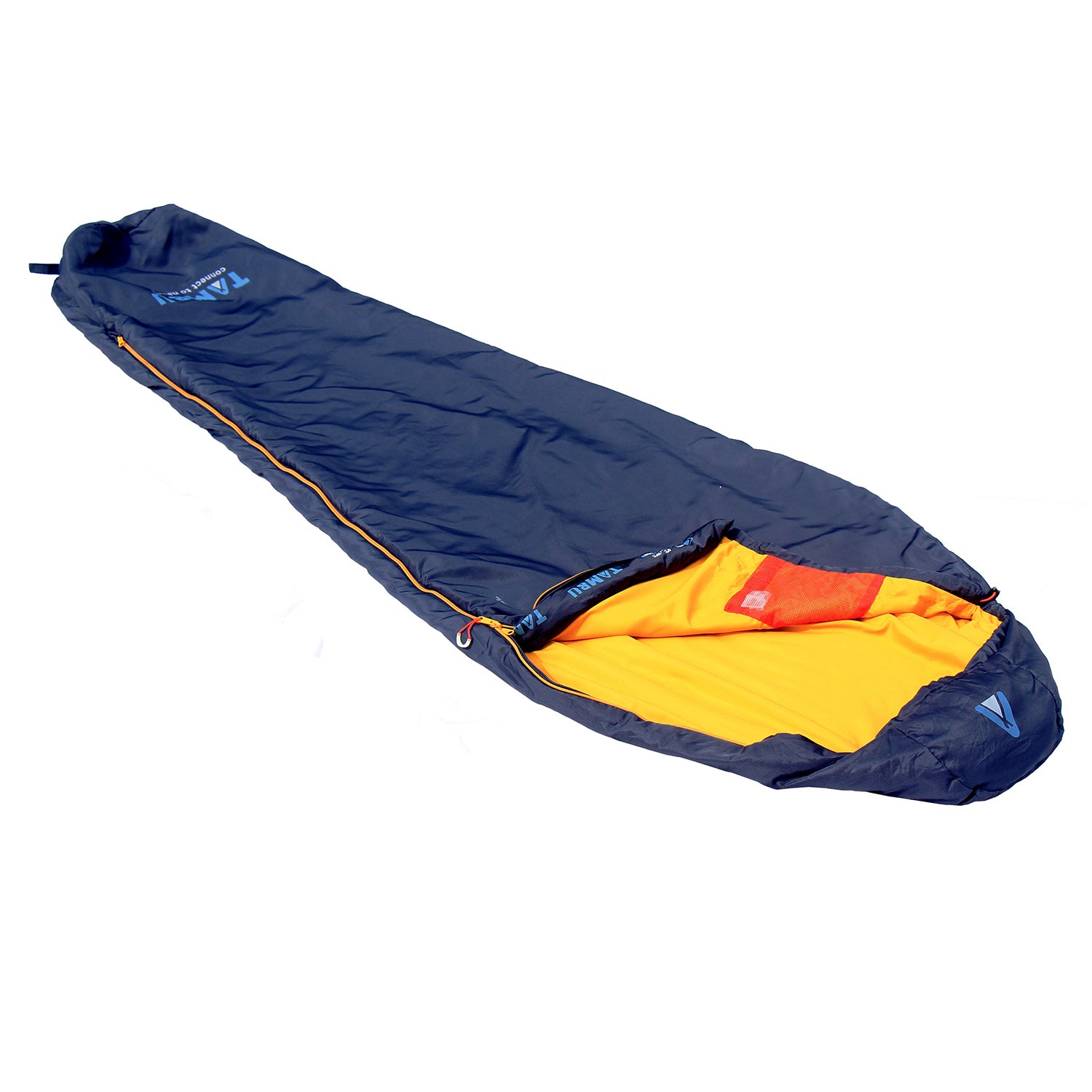 Dunkelblauer Mumienschlafsack NEEL 750 von Tambu Outdoor mit gelbfarbenem Innenfutter und seitlichem Reißverschluss, teilweise geöffnet