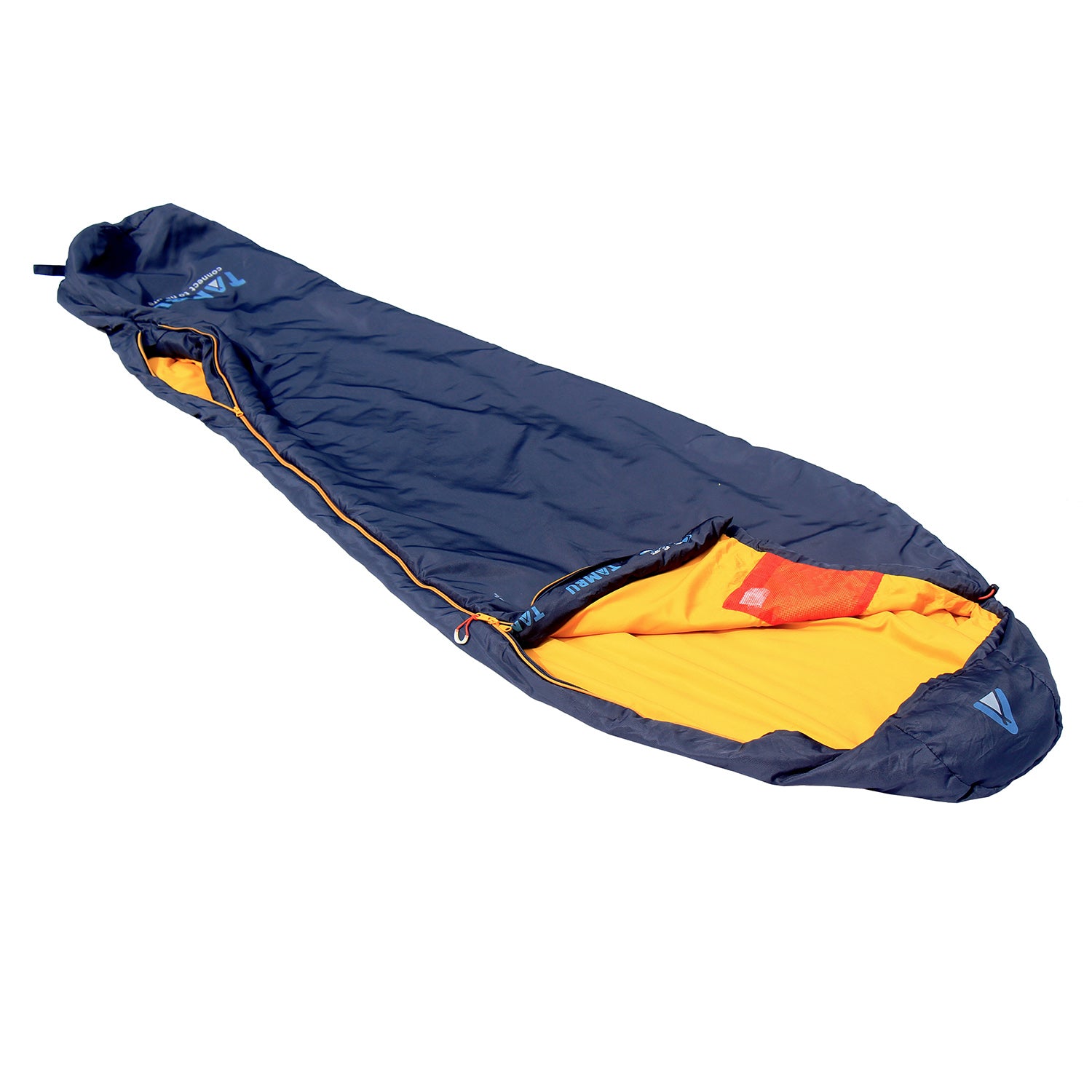 Dunkelblauer Mumienschlafsack NEEL 750 von Tambu Outdoor mit gelbfarbenem Innenfutter und seitlichem Reißverschluss, teilweise geöffnet