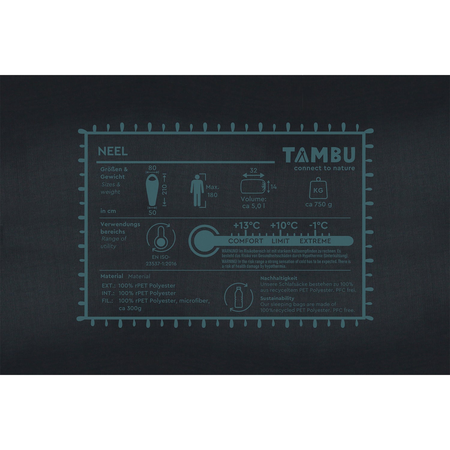 Produktetikett des NEEL Mumienschlafsacks 750 von Tambu Outdoor mit Größenangaben, Temperaturkomfortbereich von +13°C bis -1°C, Gewicht ca. 750 g und Materialangaben aus 100% recyceltem PET-Polyester.