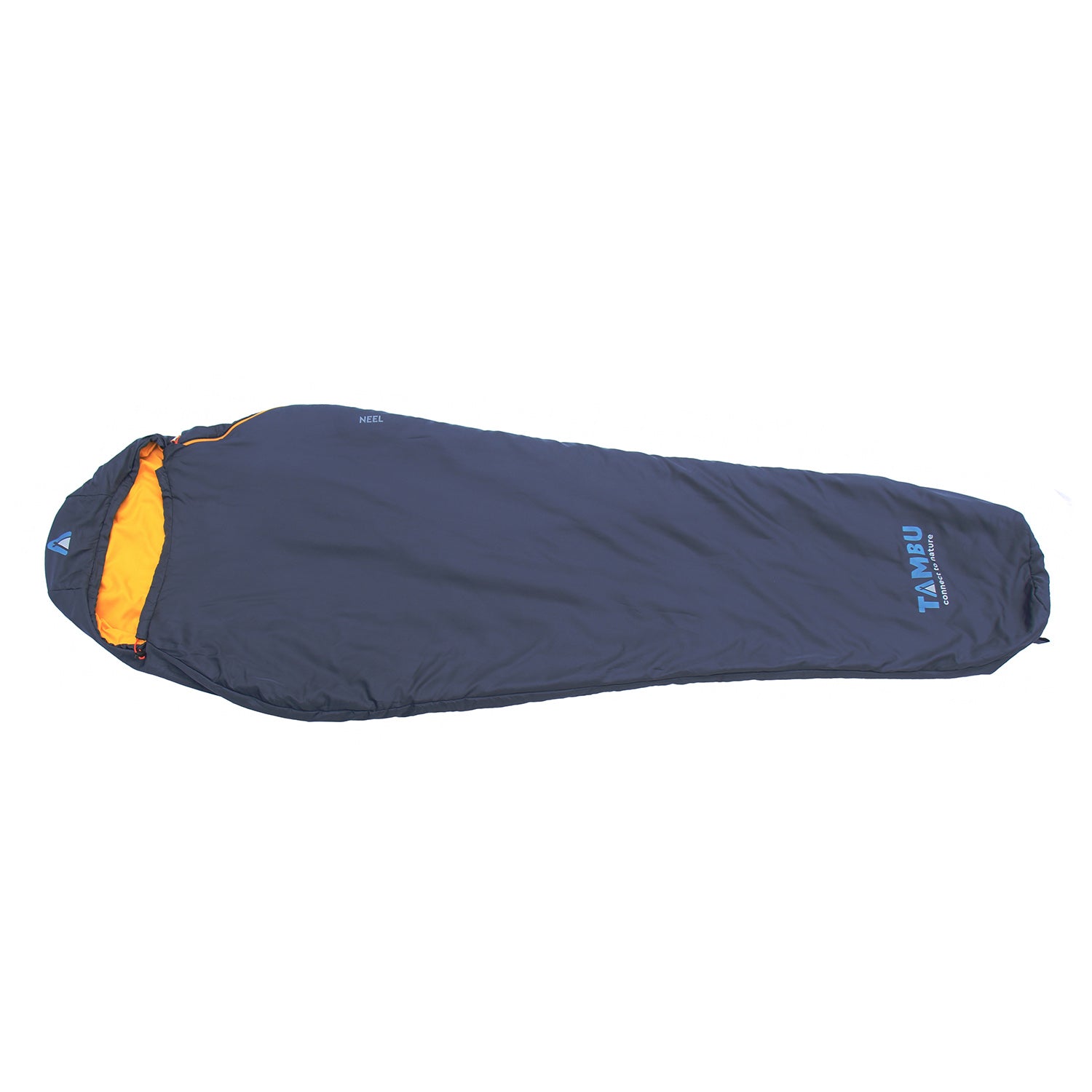 Dunkelblauer Mumienschlafsack NEEL 750 von Tambu Outdoor mit gelbfarbenem Innenfutter und seitlichem Reißverschluss, geschlossen