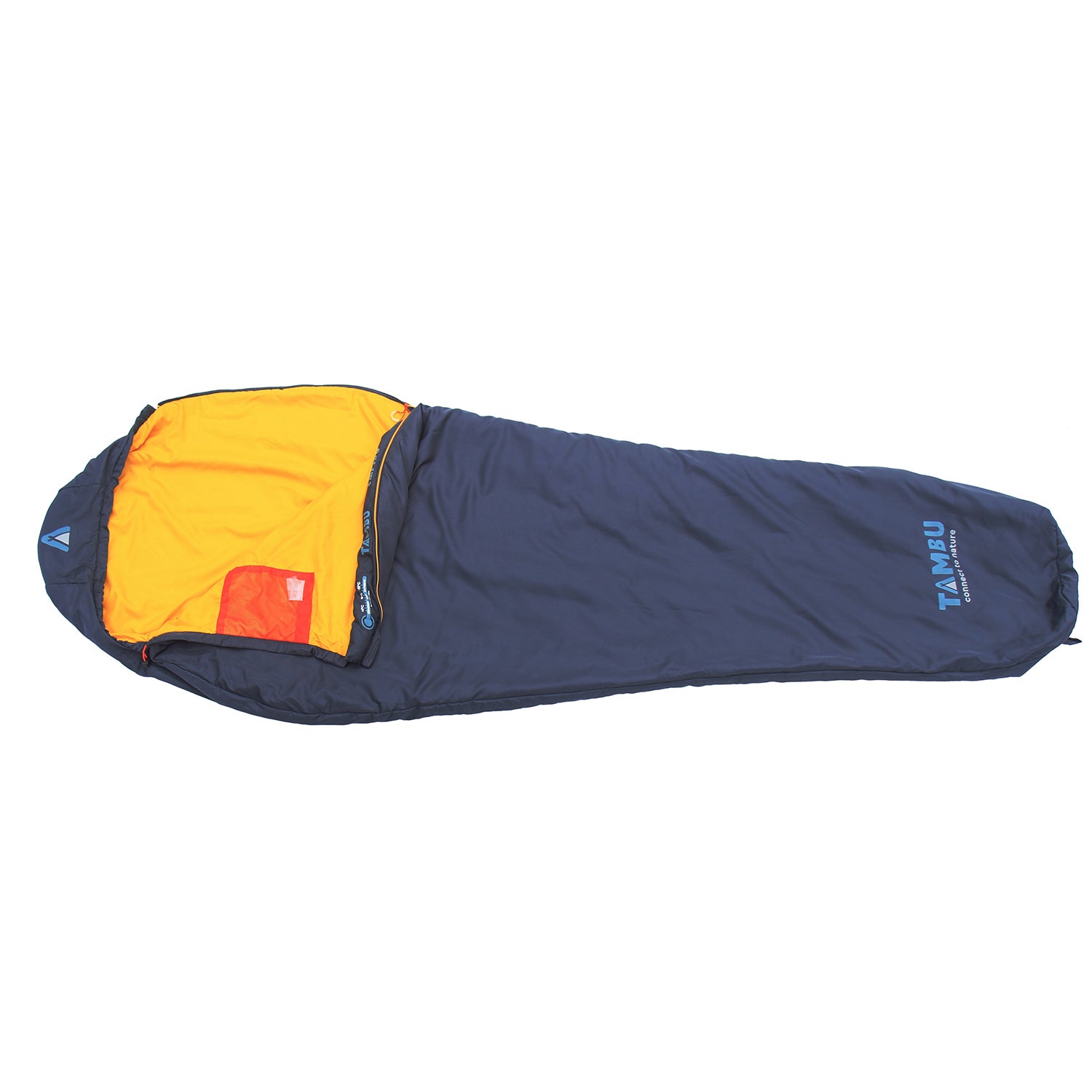 Dunkelblauer Mumienschlafsack NEEL 750 von Tambu Outdoor mit gelbfarbenem Innenfutter und seitlichem Reißverschluss, teilweise geöffnet