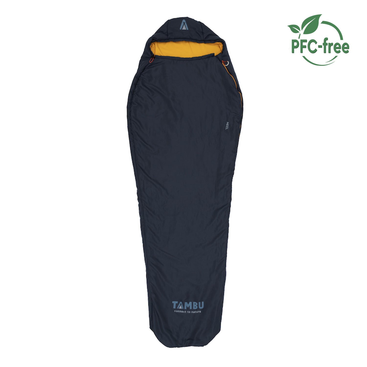 Dunkelblauer Mumienschlafsack NEEL 750 von Tambu Outdoor mit gelbem Innenfutter und PFC-frei-Logo