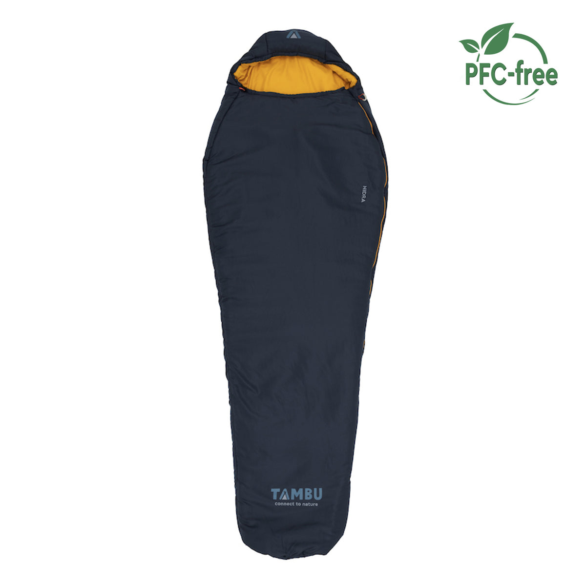 dunkelblauer Mumienschlafsack NIDRA 1450 von Tambu Outdoor mit gelbem Innenfutter, PFC-frei, Logo und Reißverschluss an der Seite