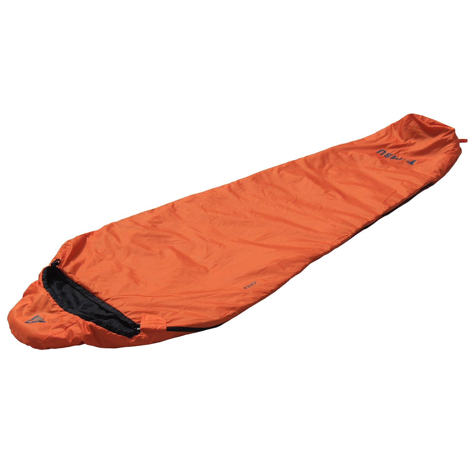 Oranger Mumienschlafsack OFRA 800 von Tambu Outdoor mit Kapuze und Reißverschluss, flach ausgelegt
