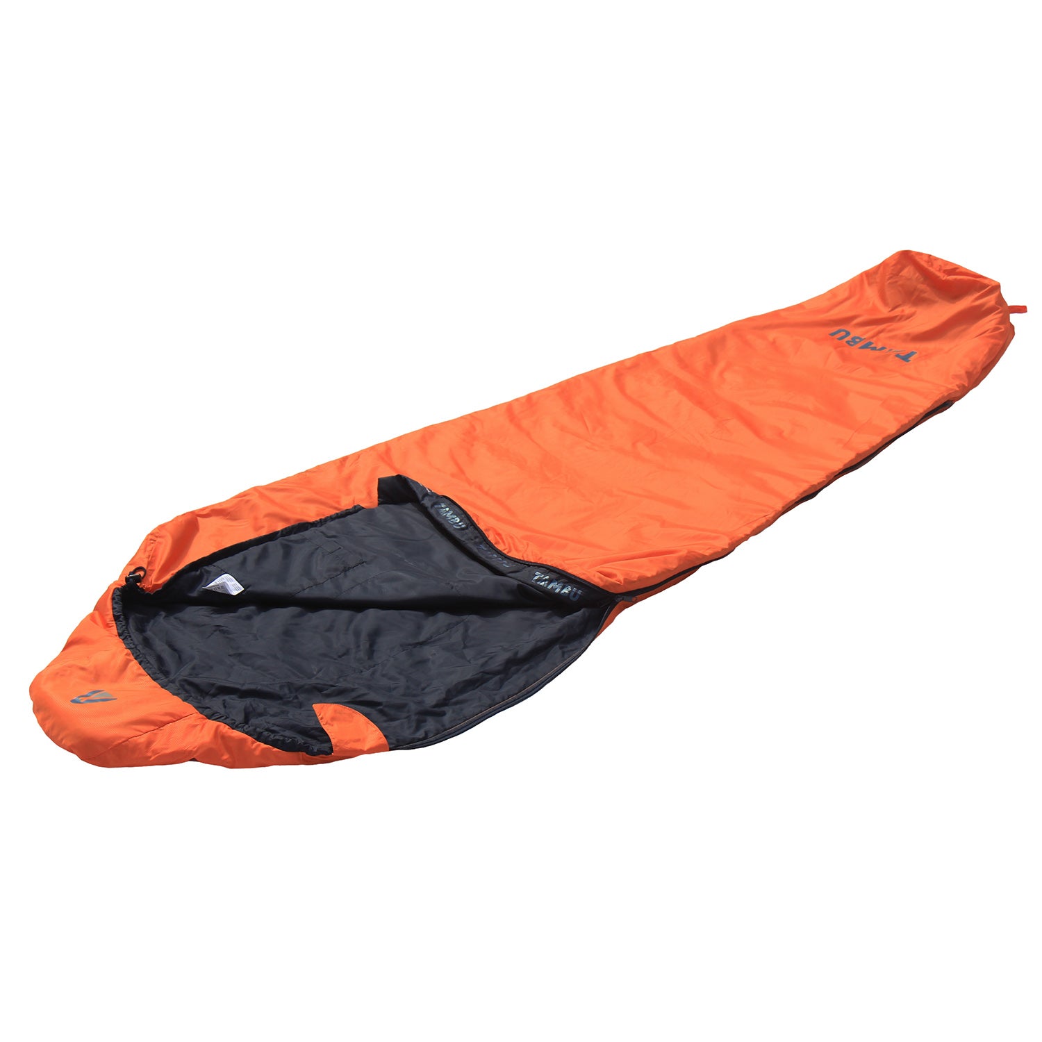 OFRA 800 Mumienschlafsack von Tambu Outdoor in Orange mit schwarzem Innenfutter, geöffnet und flach liegend