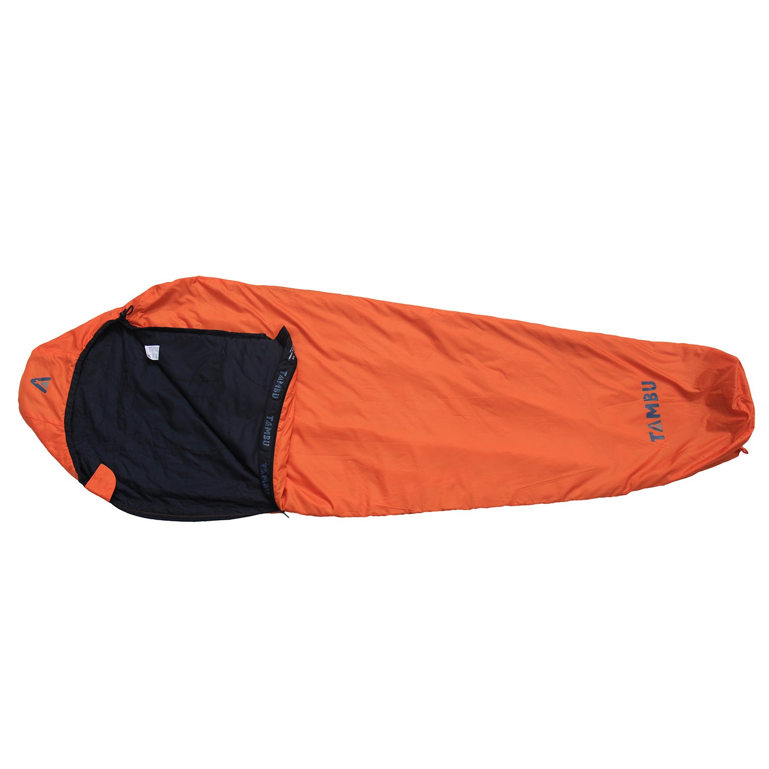 Oranger Mumienschlafsack OFRA 800 von Tambu Outdoor mit schwarzem Innenfutter und Kapuze, geöffnet liegend