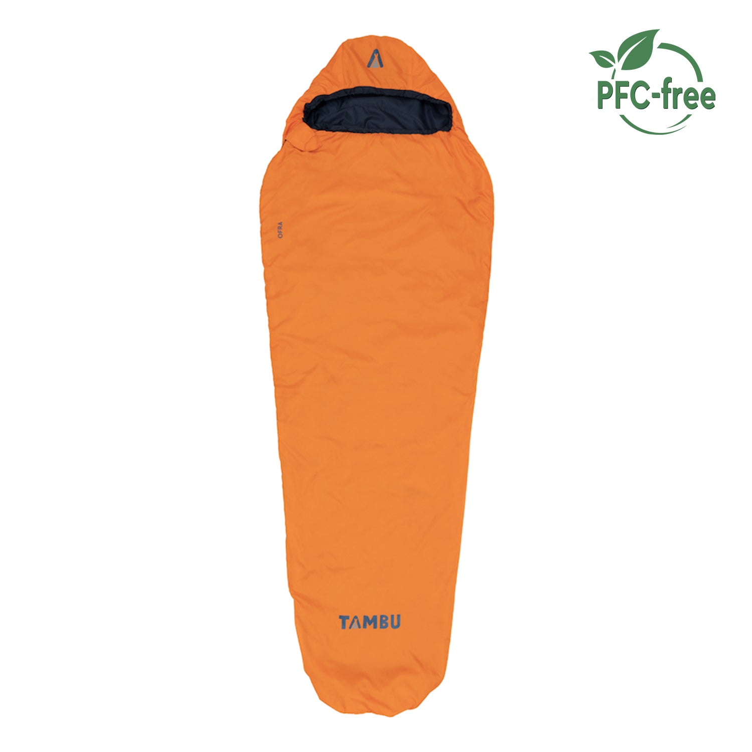 Oranger Mumienschlafsack OFRA 800 von Tambu Outdoor mit Kapuze, PFC-frei-Logo rechts oben