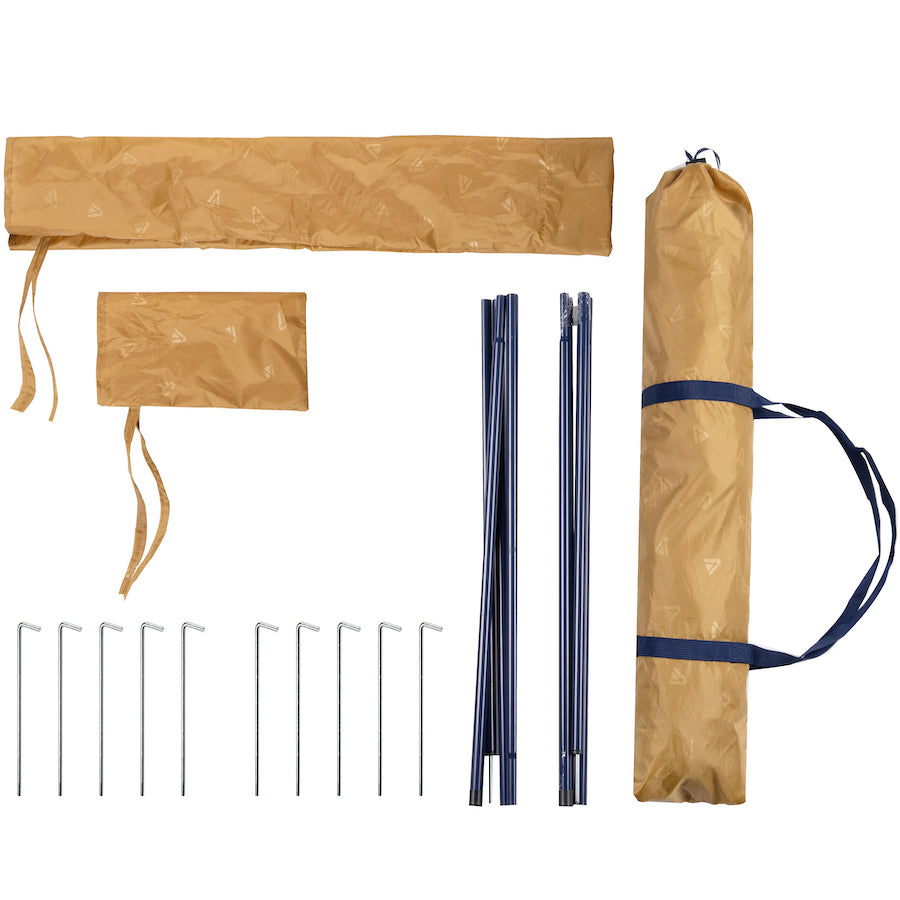 PALA Sonnensegel-Set von Tambu Outdoor mit braunen Tragetaschen, blauen Aufstellstangen und Metallheringen auf weißem Hintergrund
