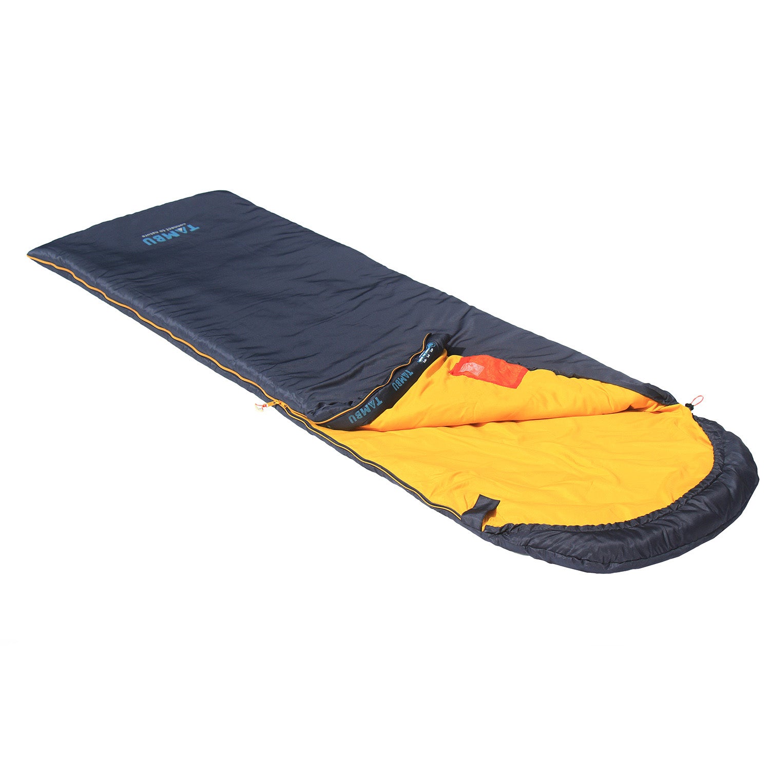 SAYAN Deckenschlafsack 1400 von Tambu Outdoor, rechteckig, außen dunkelblau, innen gelb, teilweise geöffnet